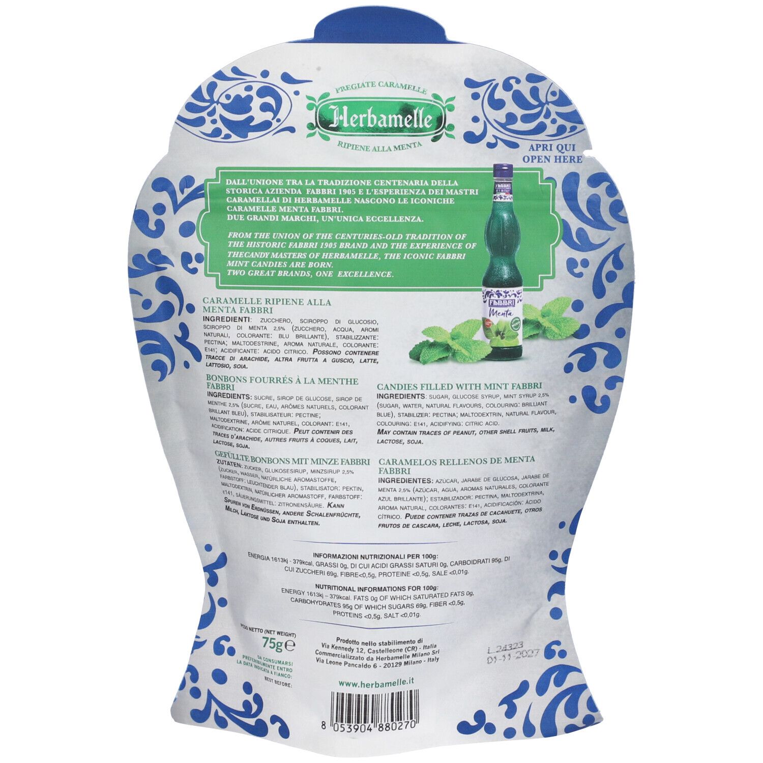 Retro della confezione Herbamelle Menta Fabbri Caramelle. Testo multilingue, illustrazione di una bottiglia alla menta.