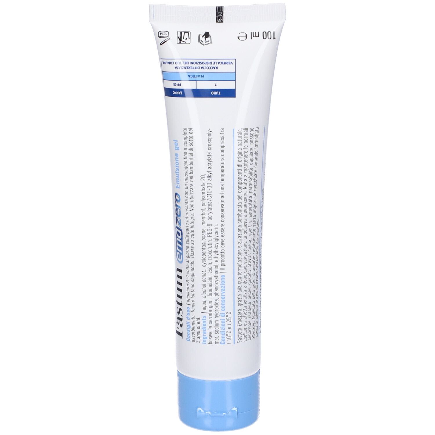 Rückseite einer weißen Tube. Text mit Inhaltsstoffen und Informationen. 100 ml.