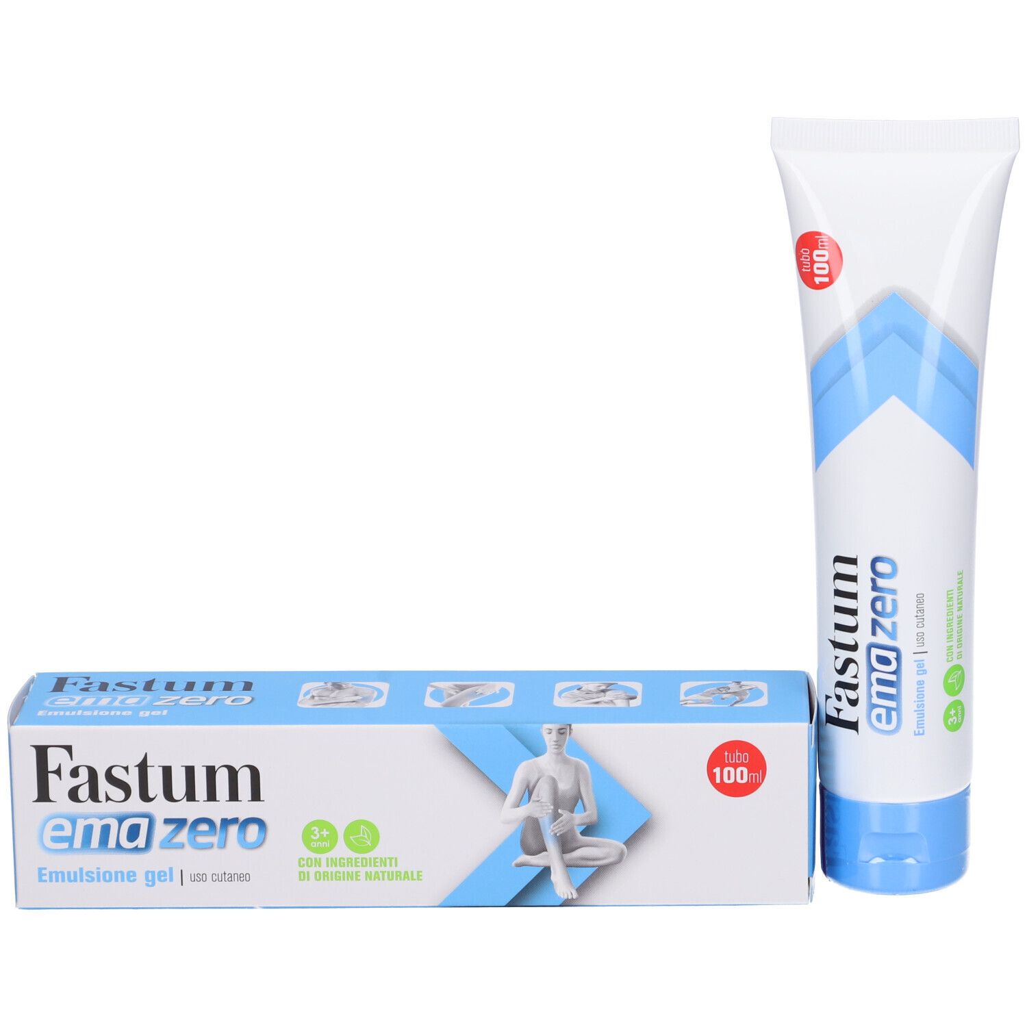 Produktverpackung und Tube. Aufschrift: Fastum Emazero. 100 ml. Emulsionsgel. Abbildung einer Person.