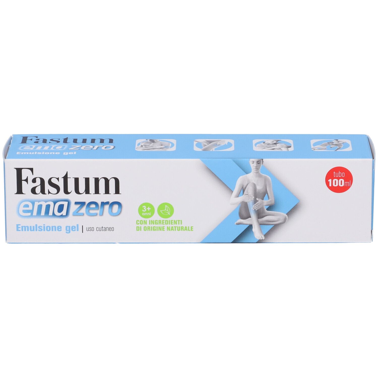 Blauer Karton mit Aufschrift: Fastum Emazero. 100 ml. Emulsionsgel. Abbildung einer Person.