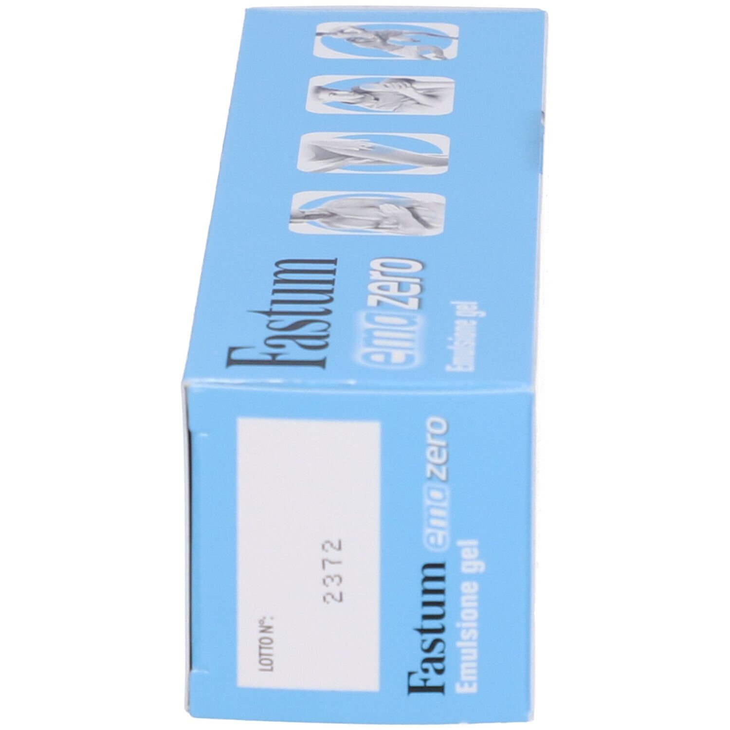 Blaue Schachtel. Aufschrift: Fastum Emazero. Emulsionsgel. Losnummer.