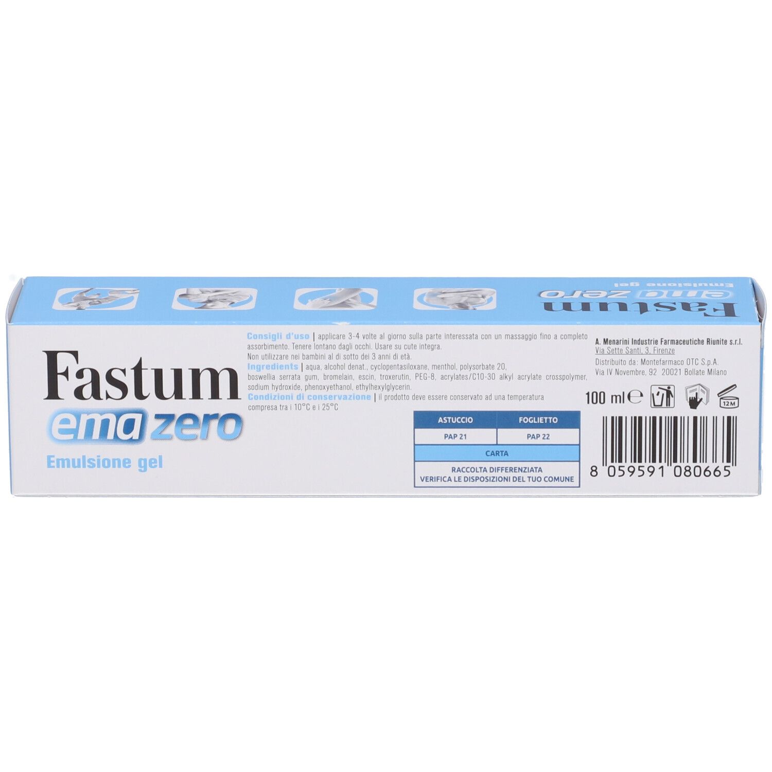 Rückseite der blauen Schachtel. Text mit Informationen. Aufschrift: Fastum Emazero. 100 ml.