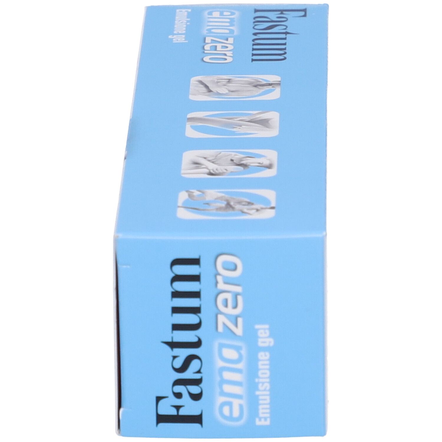Blaue Schachtel. Aufschrift: Fastum Emazero. Emulsionsgel. Abbildung einer Person.