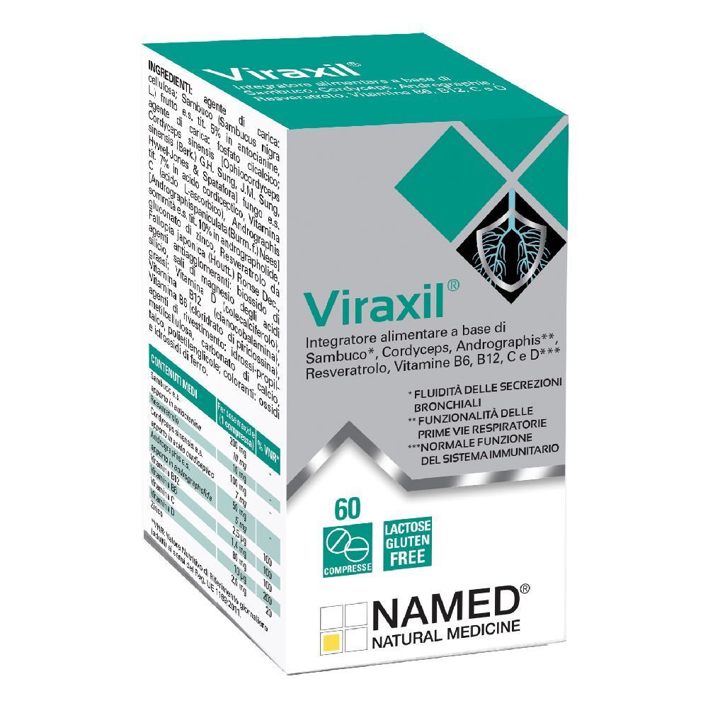 Scatola di compresse Viraxil®. Scritte: NAMED, 60 compresse, senza glutine, senza lattosio. Ingredienti e loghi.