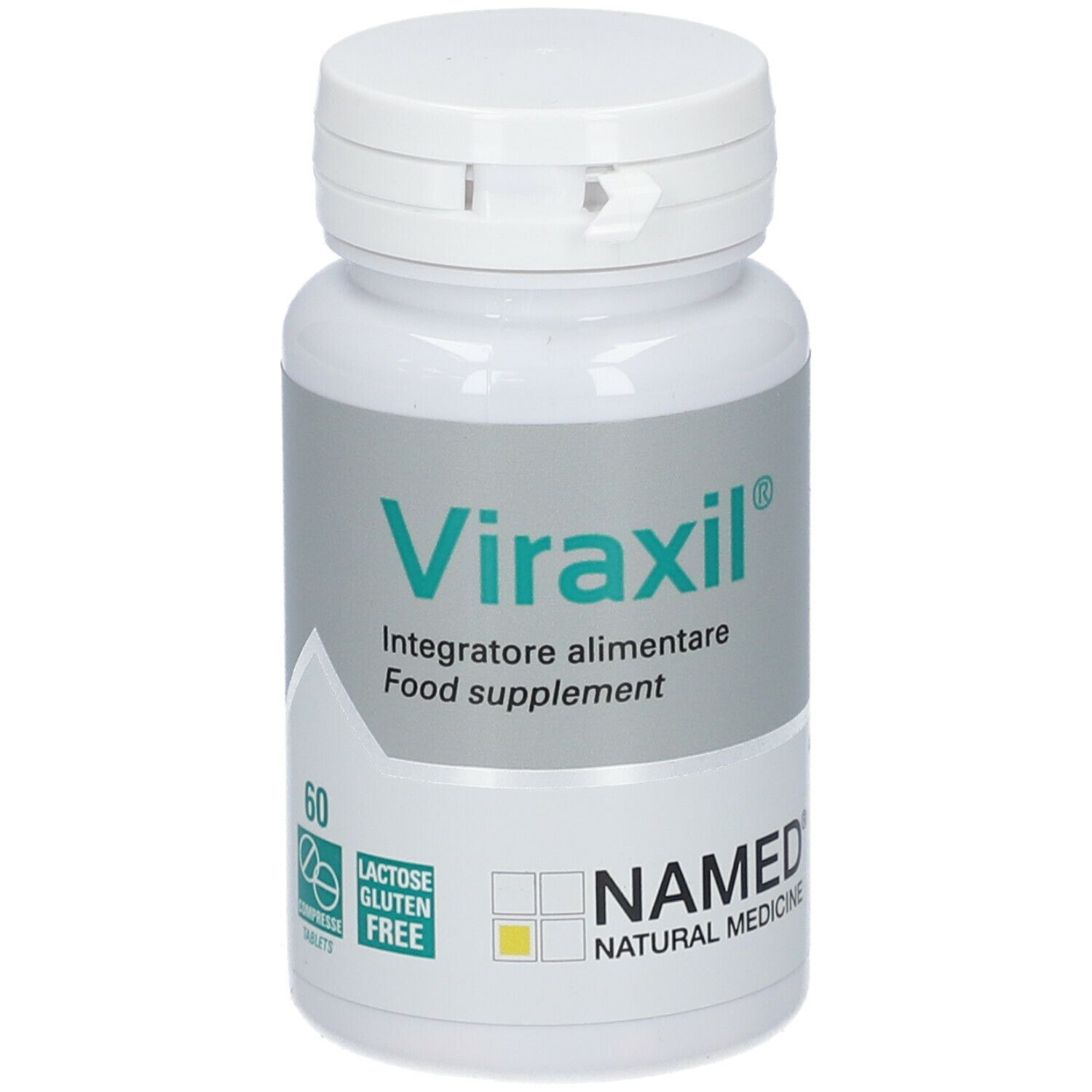 Flacone bianco di compresse Viraxil®. Scritte: NAMED, 60 compresse, senza glutine, senza lattosio. Tappo verde.