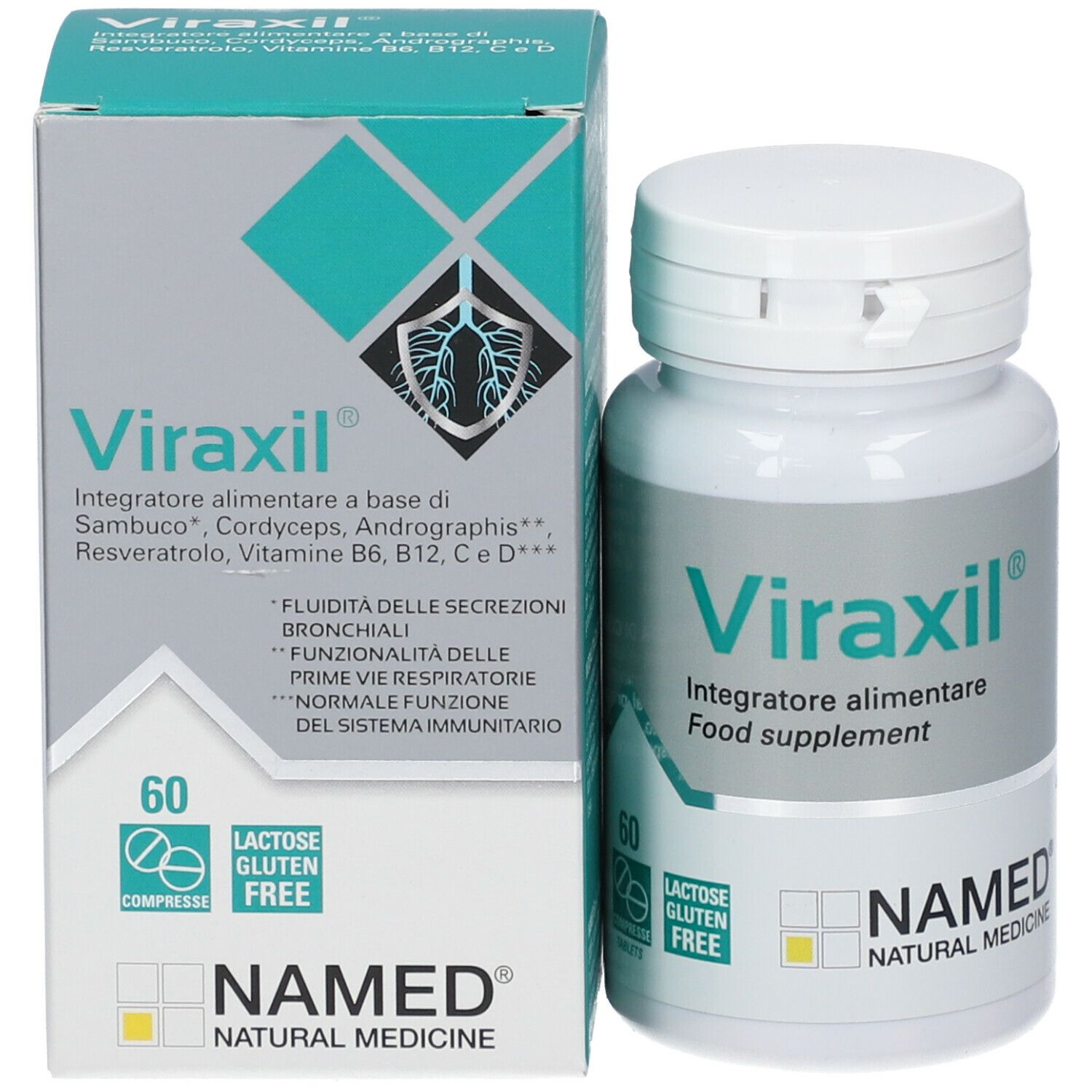 Flacone e scatola di compresse Viraxil®. Scritte: NAMED, 60 compresse, senza glutine, senza lattosio. Prodotti affiancati.