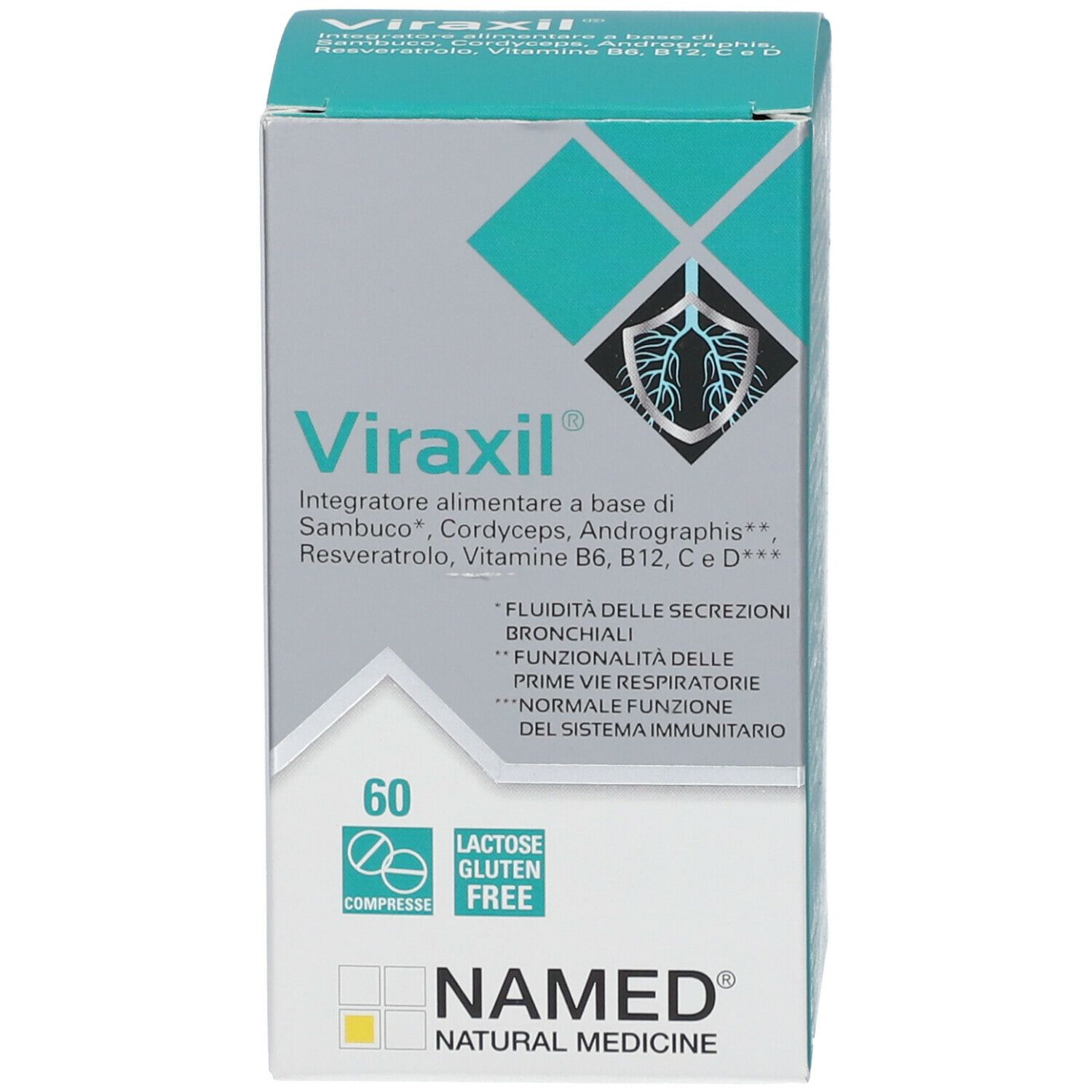 Scatola di compresse Viraxil®. Scritte: NAMED, 60 compresse, senza glutine, senza lattosio. Ingredienti e loghi.