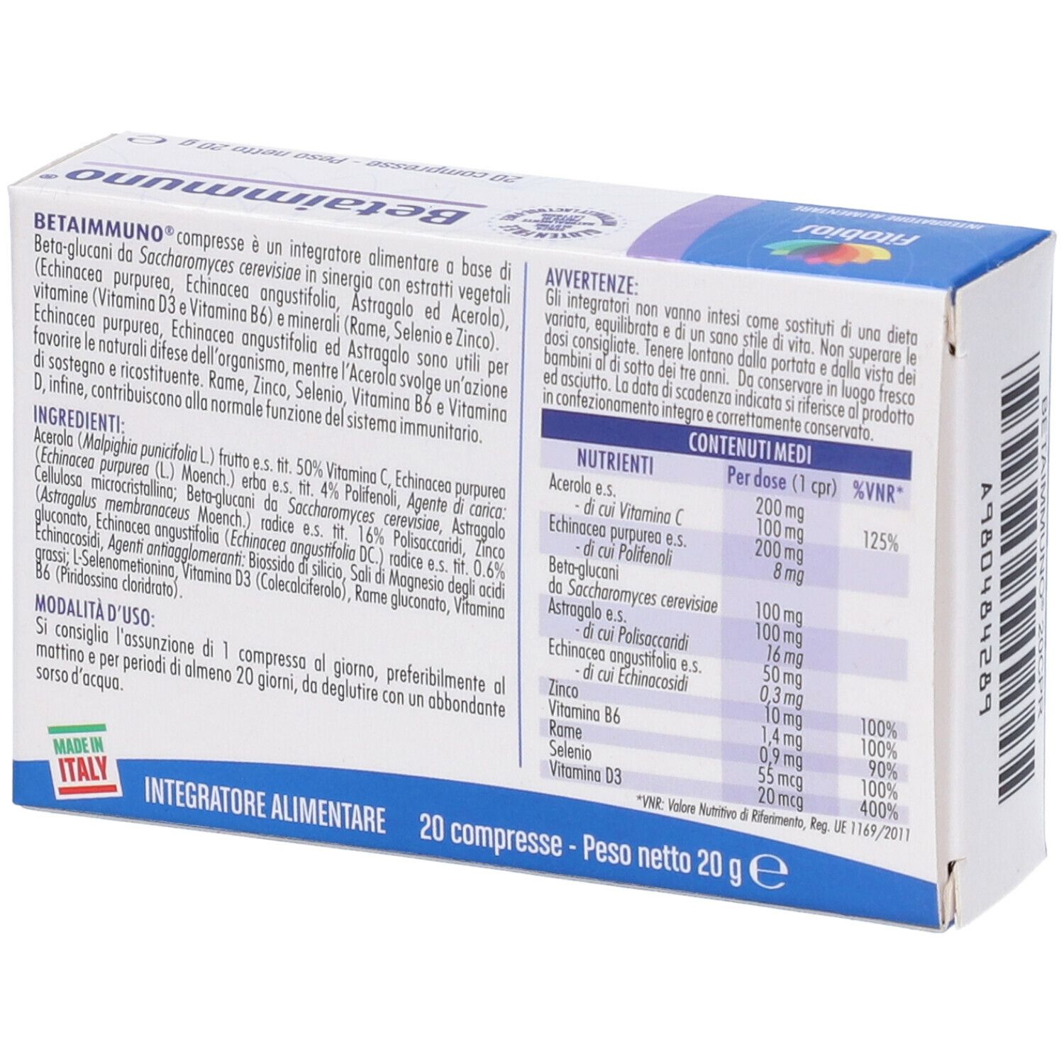 Rückseite der Betaimmuno-Schachtel. Enthält Inhaltsstoffe, Nährwertangaben und Anwendungshinweise.