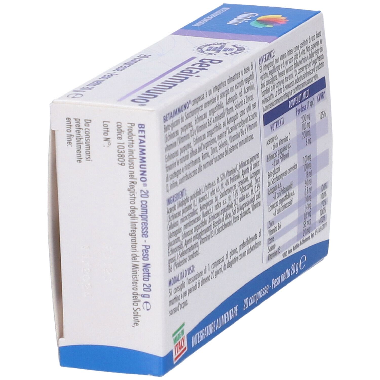 Betaimmuno-Schachtel, schräge Ansicht. Enthält Inhaltsstoffe, Nährwertangaben und Anwendungshinweise.
