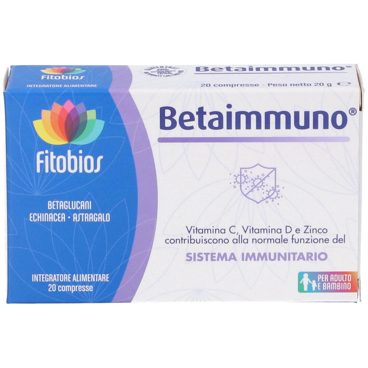 Betaimmuno-Schachtel. Aufschrift: Betaimmuno, FitoBios, 20 Tabletten. Enthält Vitamin C, D, Zink. Für Erwachsene und Kinder.
