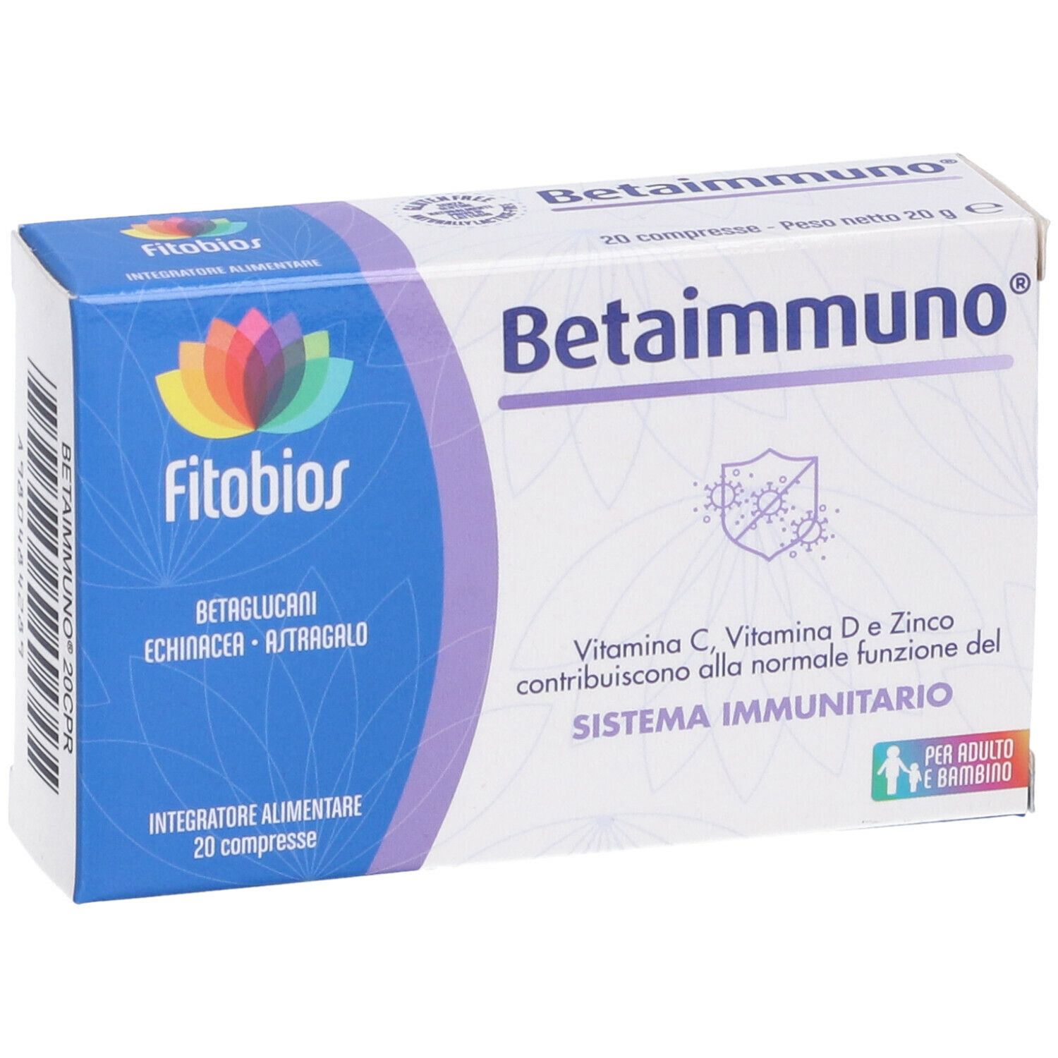Betaimmuno-Schachtel. Aufschrift: Betaimmuno, FitoBios, 20 Tabletten. Enthält Vitamin C, D, Zink. Für Erwachsene und Kinder.