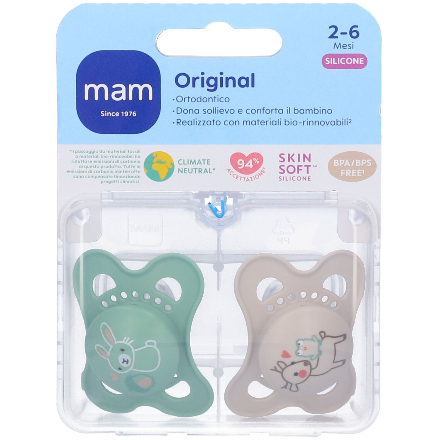 Due succhietti in confezione. Marchio MAM. Testo: Original, 2-6 mesi, silicone. Climate Neutral, 94% Accettazione, Skin Soft.