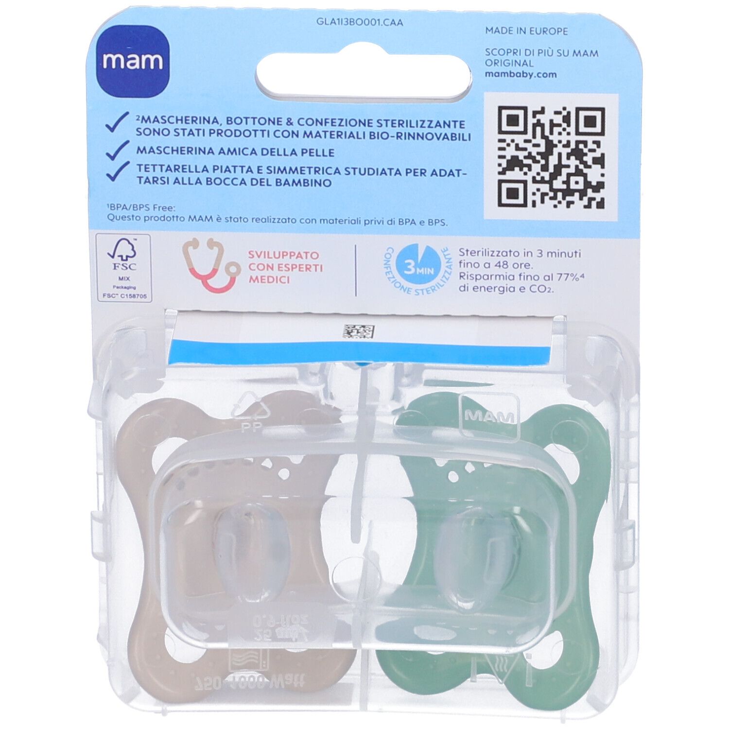 Due succhietti in confezione. Marchio MAM. Testo: BPA/BPS Free. Sterilizzabile in 3 minuti. Sviluppato con esperti.