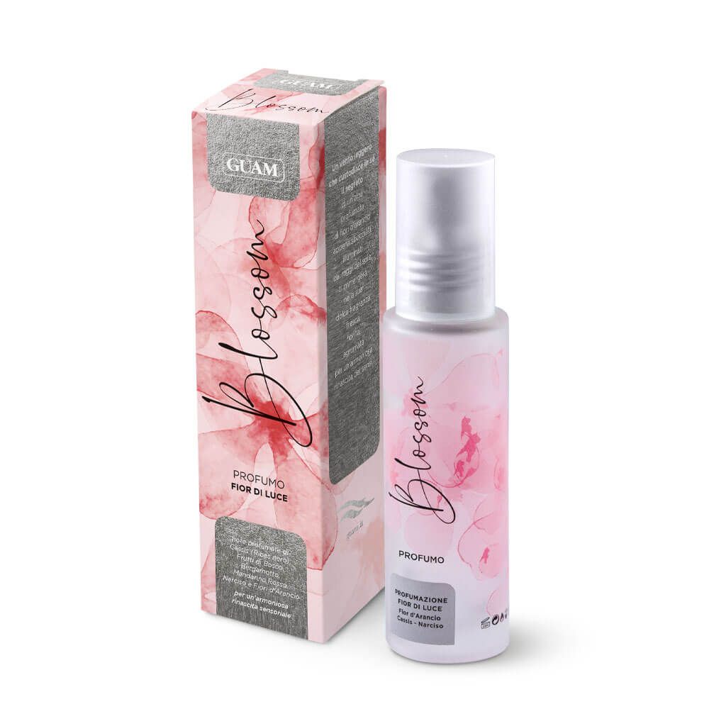 GUAM Blossom Profumo, flacone e confezione. Motivi floreali rosa. Testo: Blossom, Profumo, Fior di Luce.