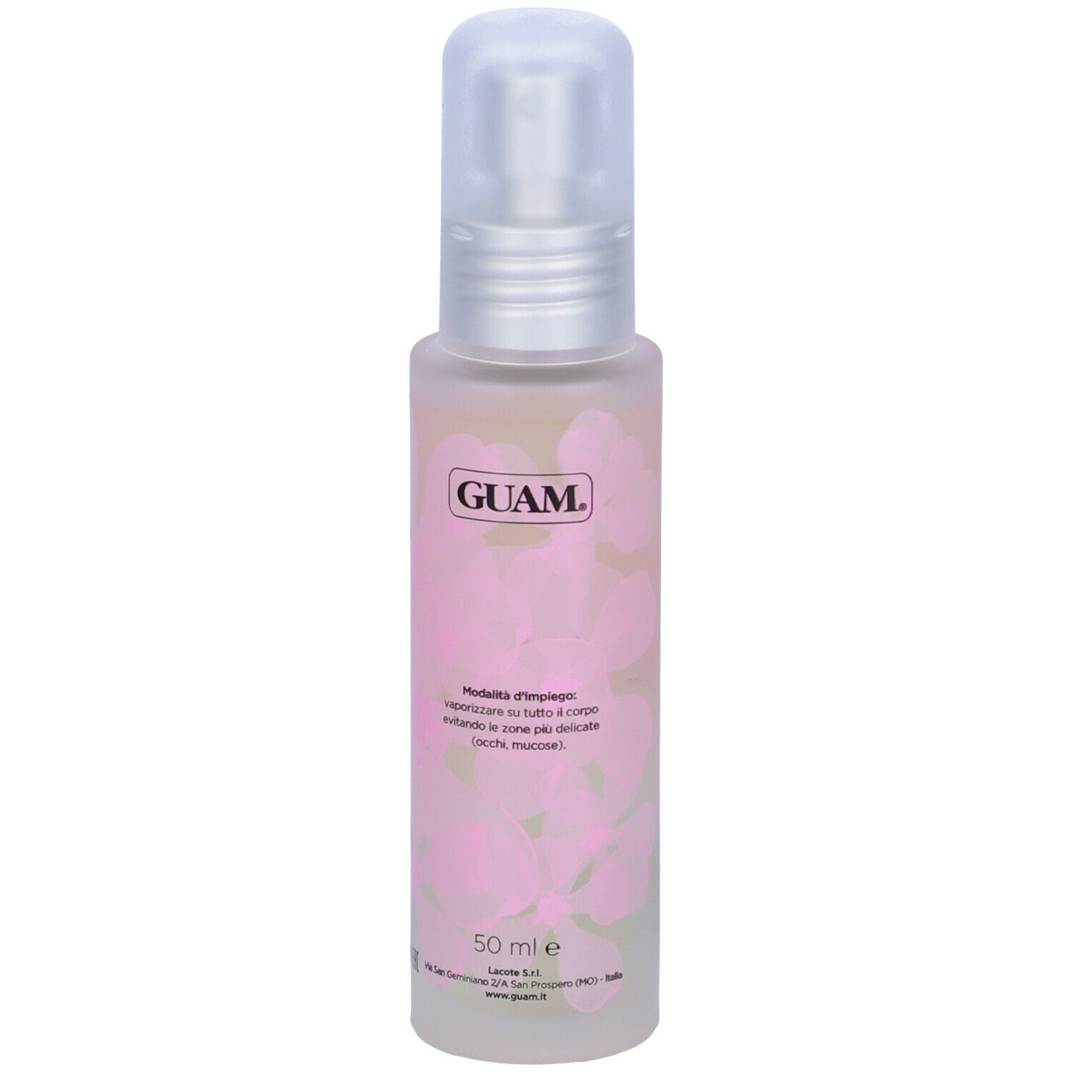 Flacone di profumo GUAM. Motivi floreali rosa. Testo: GUAM, Blossom, Profumo. Erogatore trasparente.