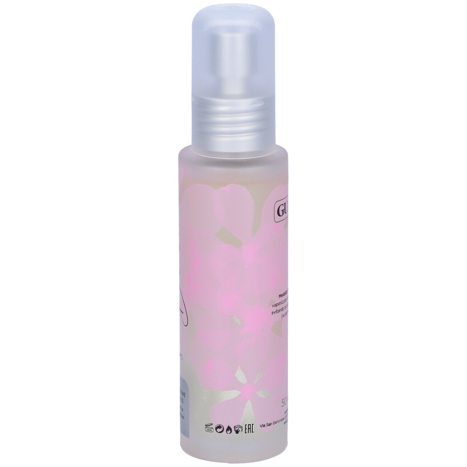 Flacone di profumo GUAM. Motivi floreali rosa. Testo: GUAM, Blossom, Profumo. Erogatore trasparente.