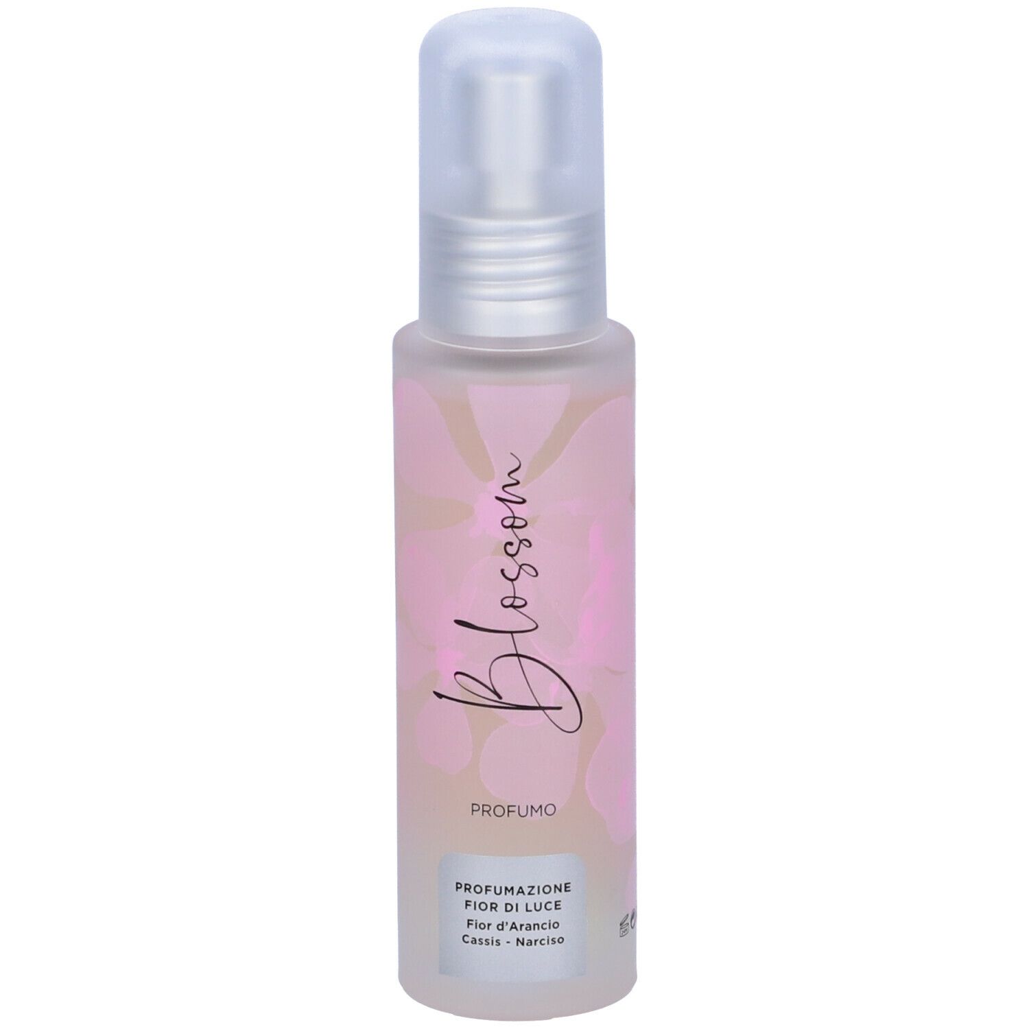 Flacone di profumo GUAM. Motivi floreali rosa. Testo: Blossom, Profumo. Erogatore trasparente. Fior di Luce.