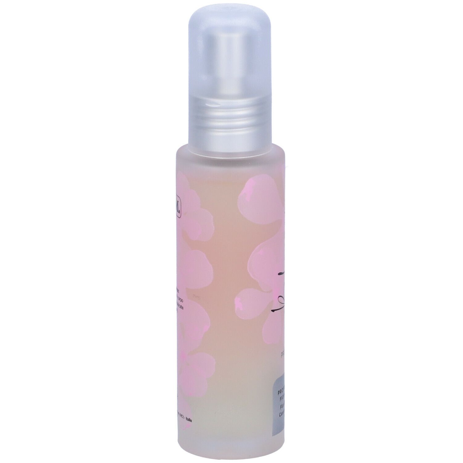 Flacone di profumo GUAM. Motivi floreali rosa. Testo: Blossom, Profumo. Erogatore trasparente. Fior di Luce.