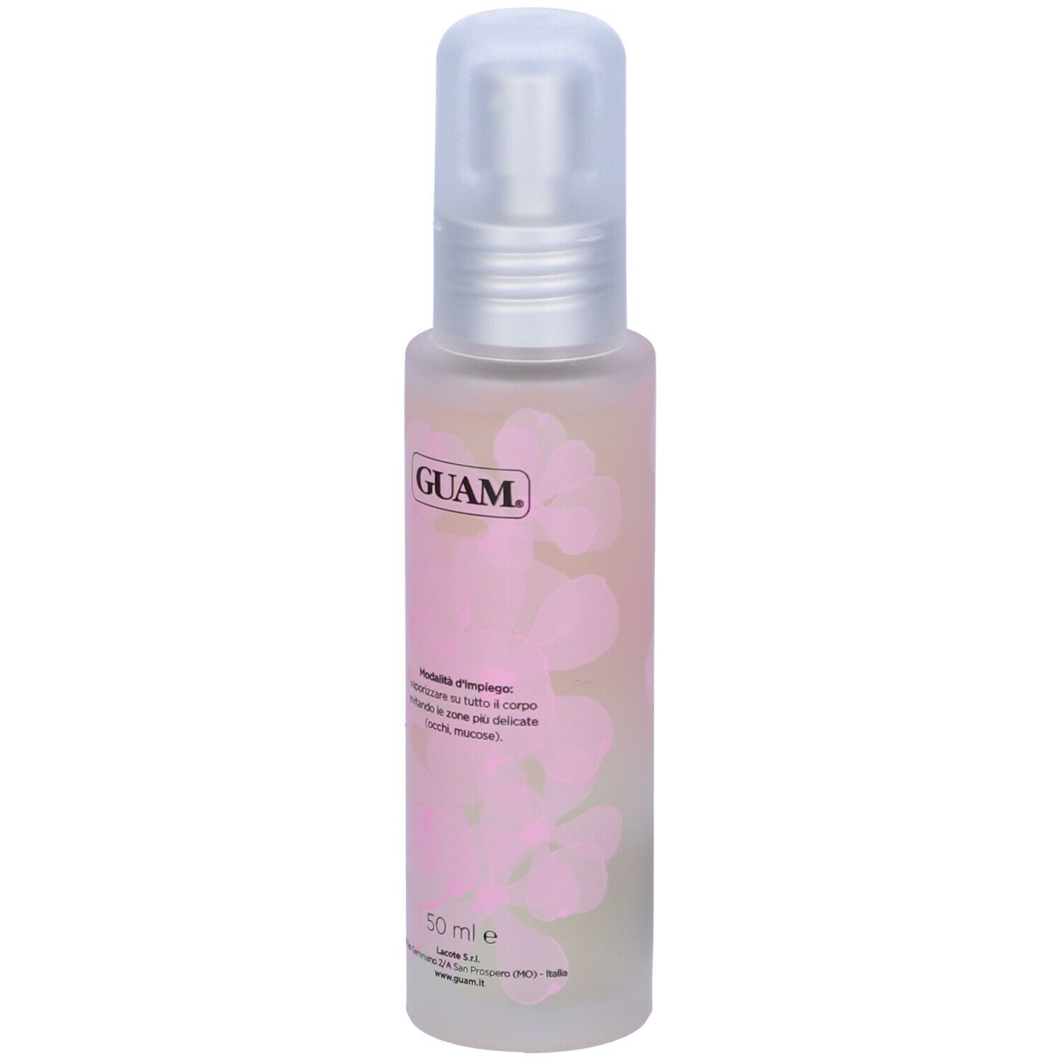 Flacone di profumo GUAM. Motivi floreali rosa. Testo: GUAM, Profumo. Erogatore trasparente. 50 ml.
