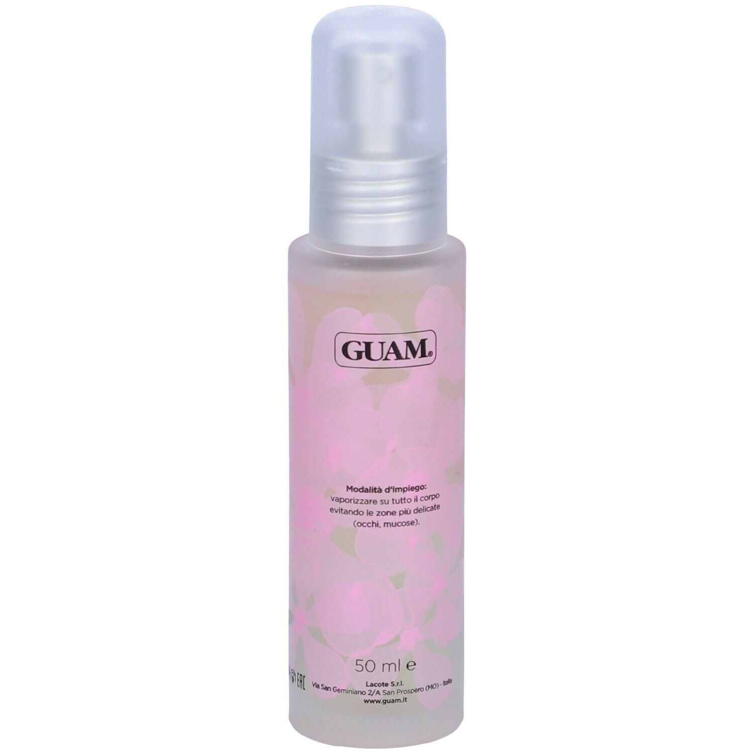 Flacone di profumo GUAM. Motivi floreali rosa. Testo: GUAM, Profumo. Erogatore trasparente. 50 ml.