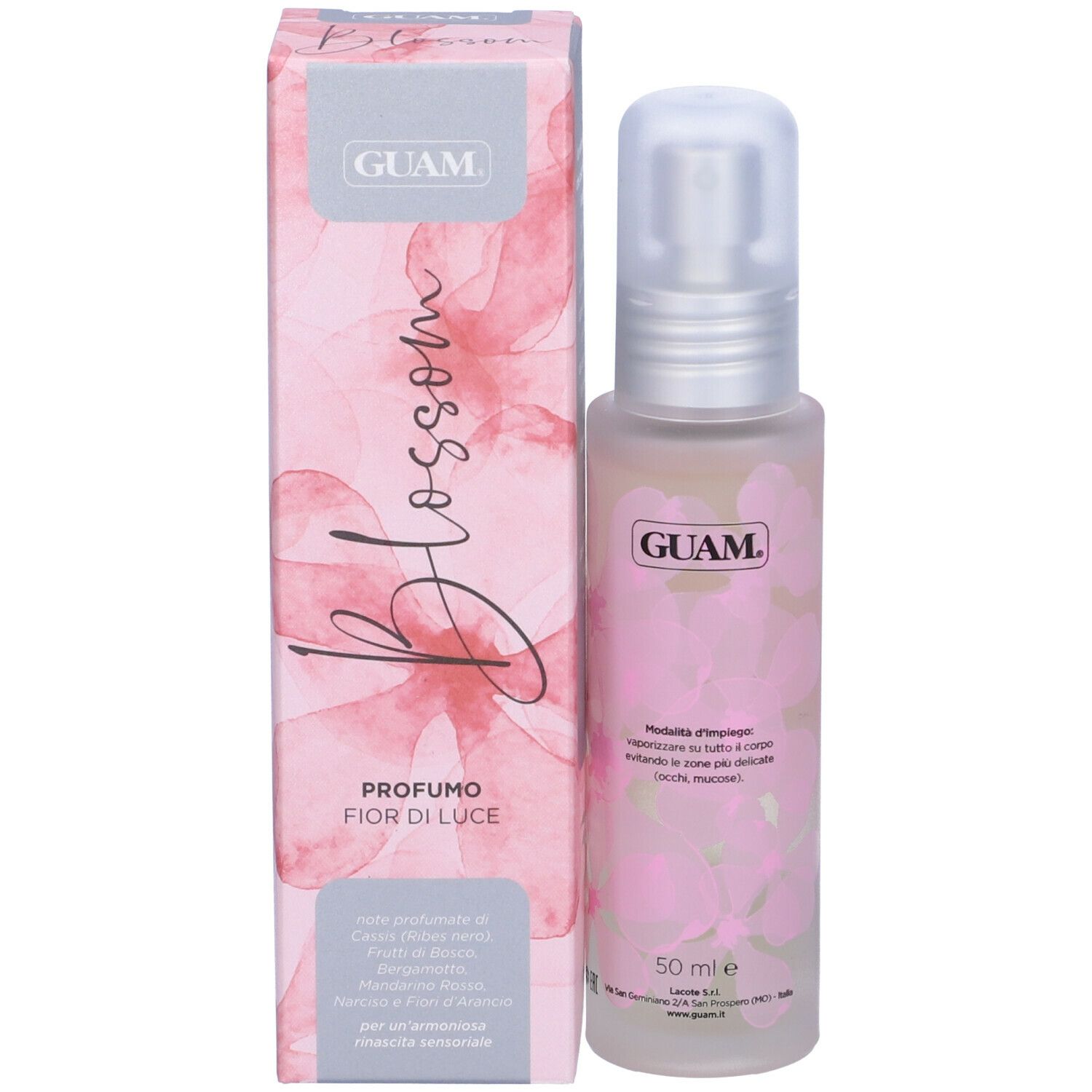GUAM Blossom Profumo, flacone e confezione. Motivi floreali rosa. Testo: Blossom, Profumo, Fior di Luce.