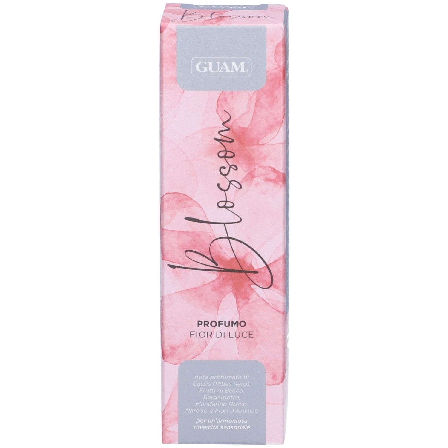 GUAM Blossom Profumo, confezione. Motivi floreali rosa. Testo: Blossom, Profumo, Fior di Luce.