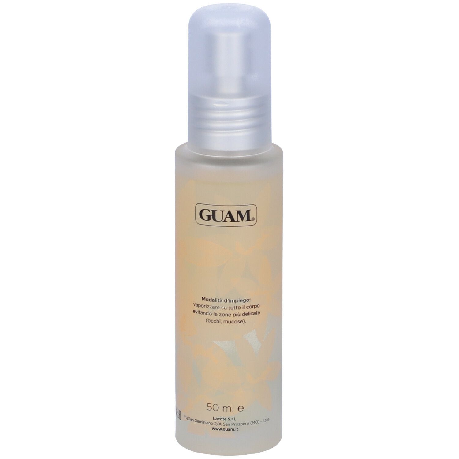 Flacone GUAM con vaporizzatore. Scritta GUAM. Liquido giallo-beige. Scritta 50 ml e.