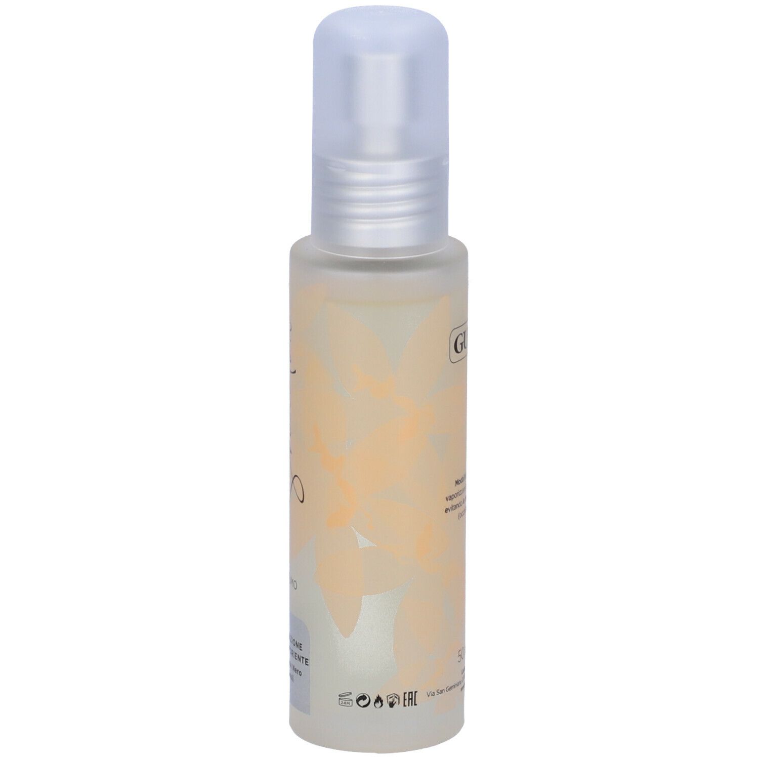 Flacone GUAM con vaporizzatore. Liquido giallo-beige. Scritta. 50 ml e. Scritta. GUAM.