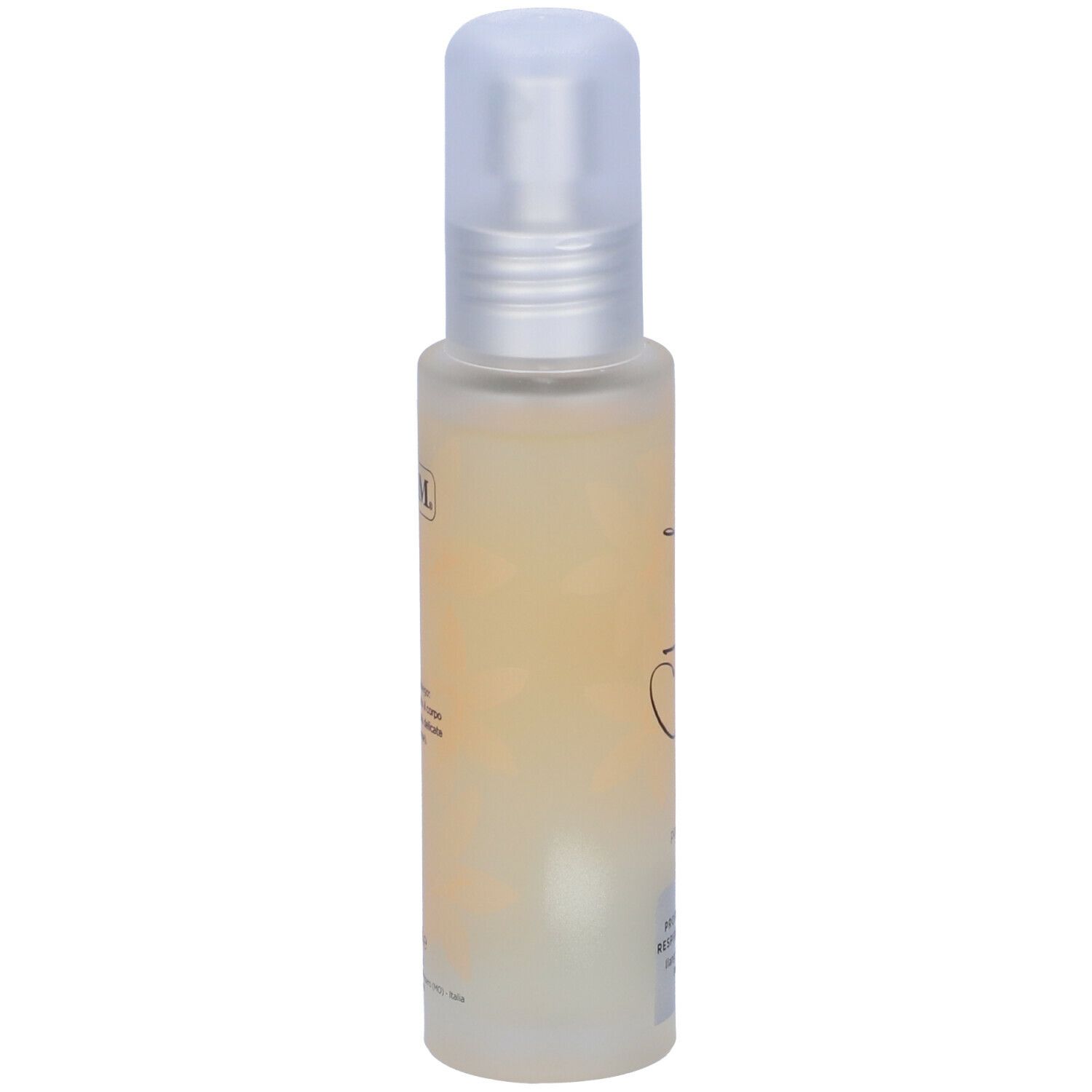 Flacone GUAM con vaporizzatore. Liquido giallo-beige. Scritta. 50 ml e. Scritta. GUAM.
