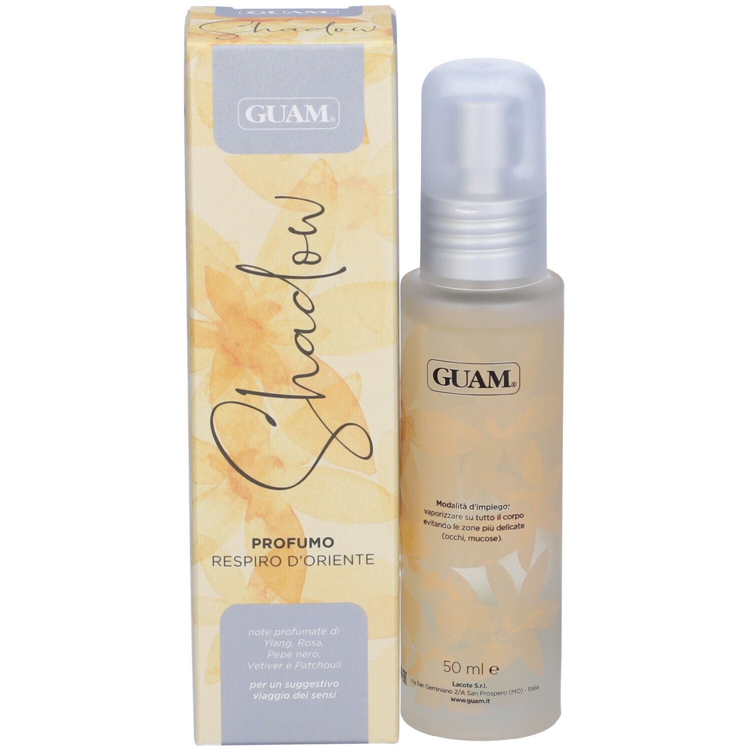 GUAM Shadow Profumo. Flacone e scatola. Flacone con vaporizzatore. Confezione giallo-beige con scritta Shadow e logo GUAM.