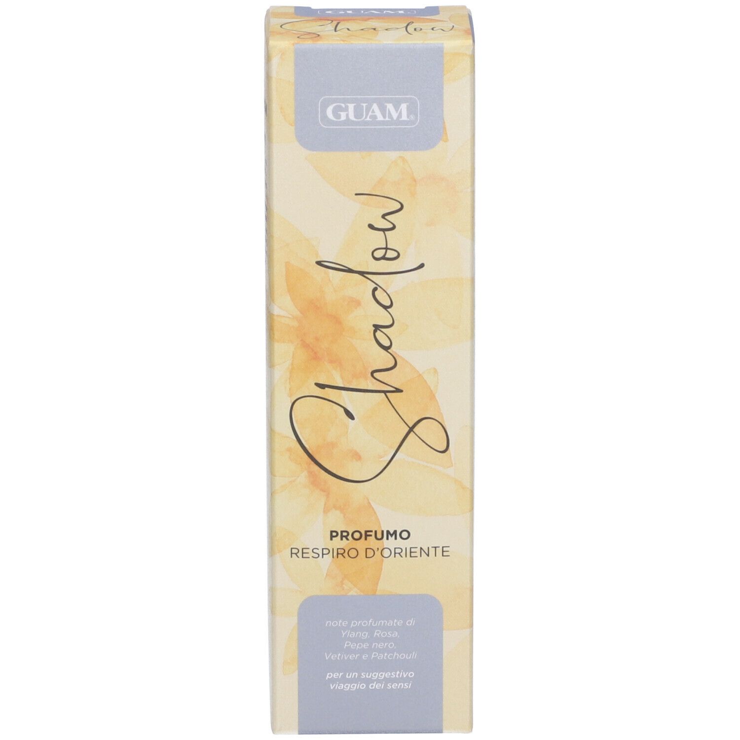 GUAM Shadow Profumo. Scatola. Confezione giallo-beige con scritta Shadow e logo GUAM.