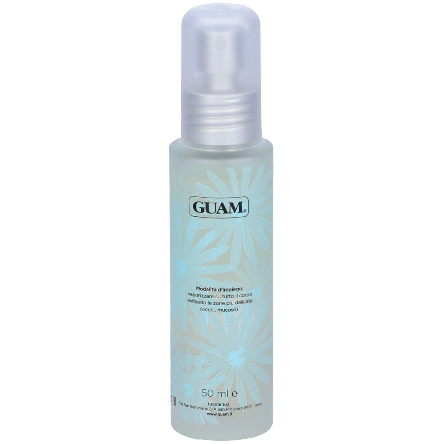 GUAM® Wave Profumo. Flacone spray. Liquido azzurro. Decorazione floreale. Logo GUAM. Testo in italiano e francese.