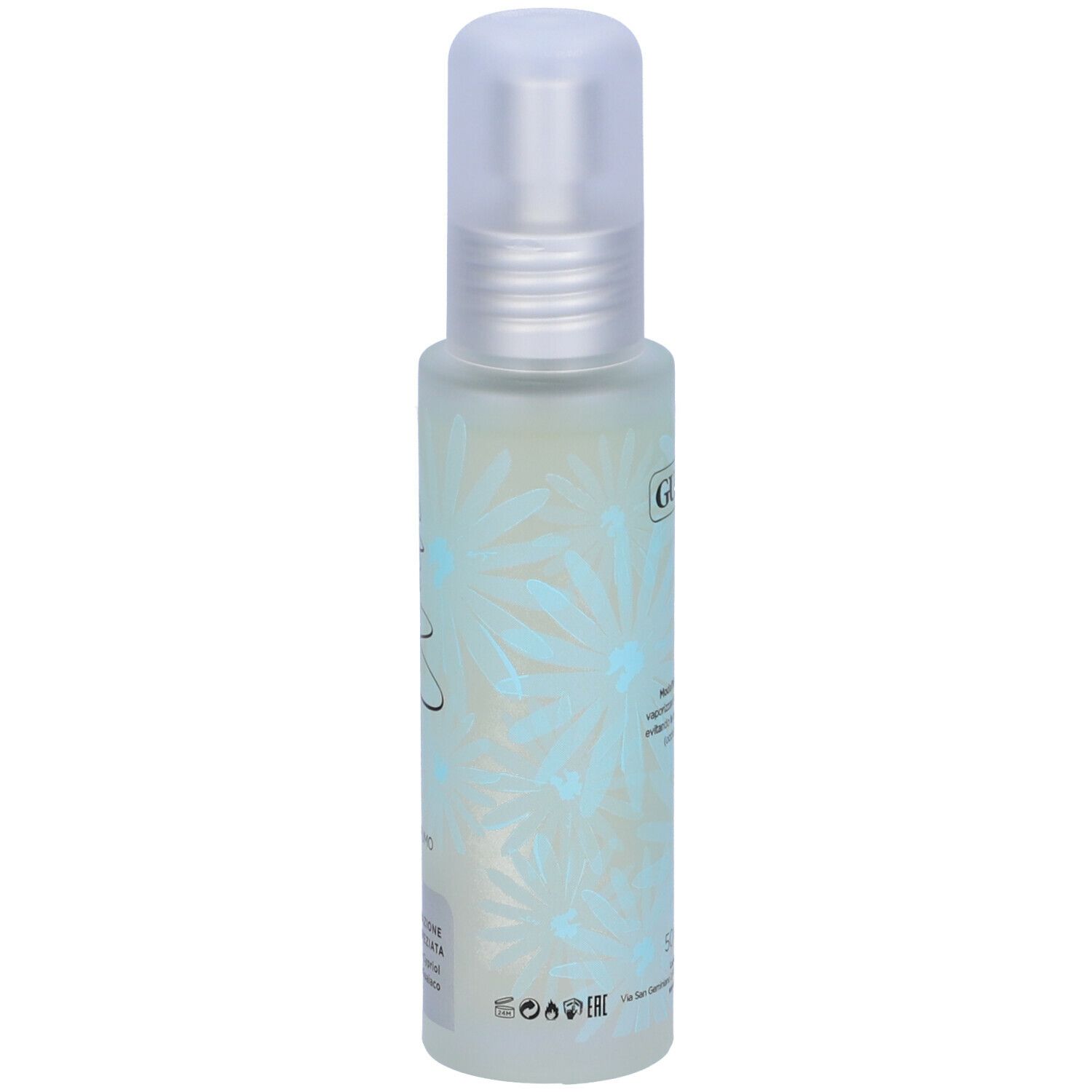GUAM® Wave Profumo. Flacone spray. Liquido azzurro. Decorazione floreale. Testo in italiano e francese.