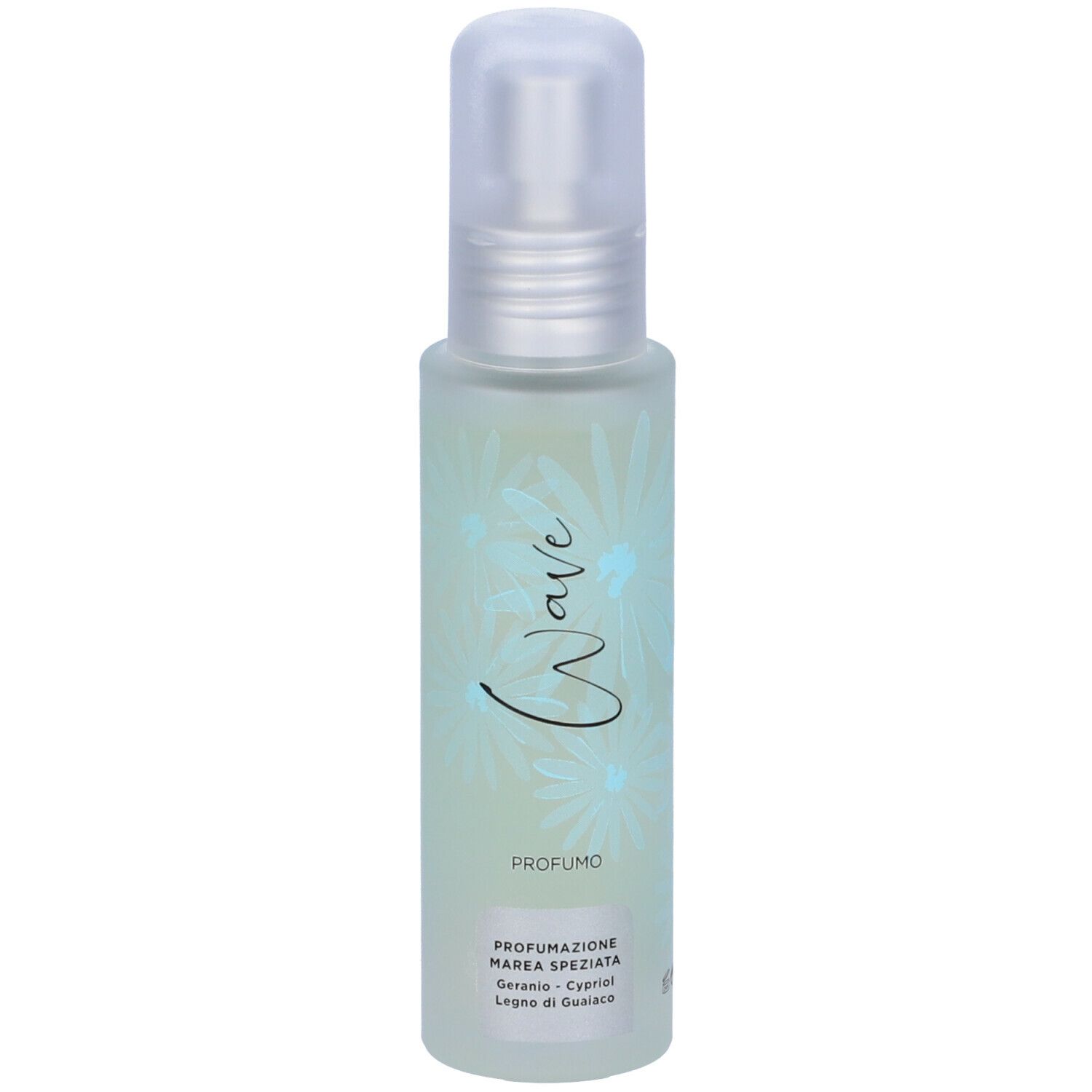 GUAM® Wave Profumo. Flacone spray. Liquido azzurro. Decorazione floreale. Testo in italiano. Logo Wave.