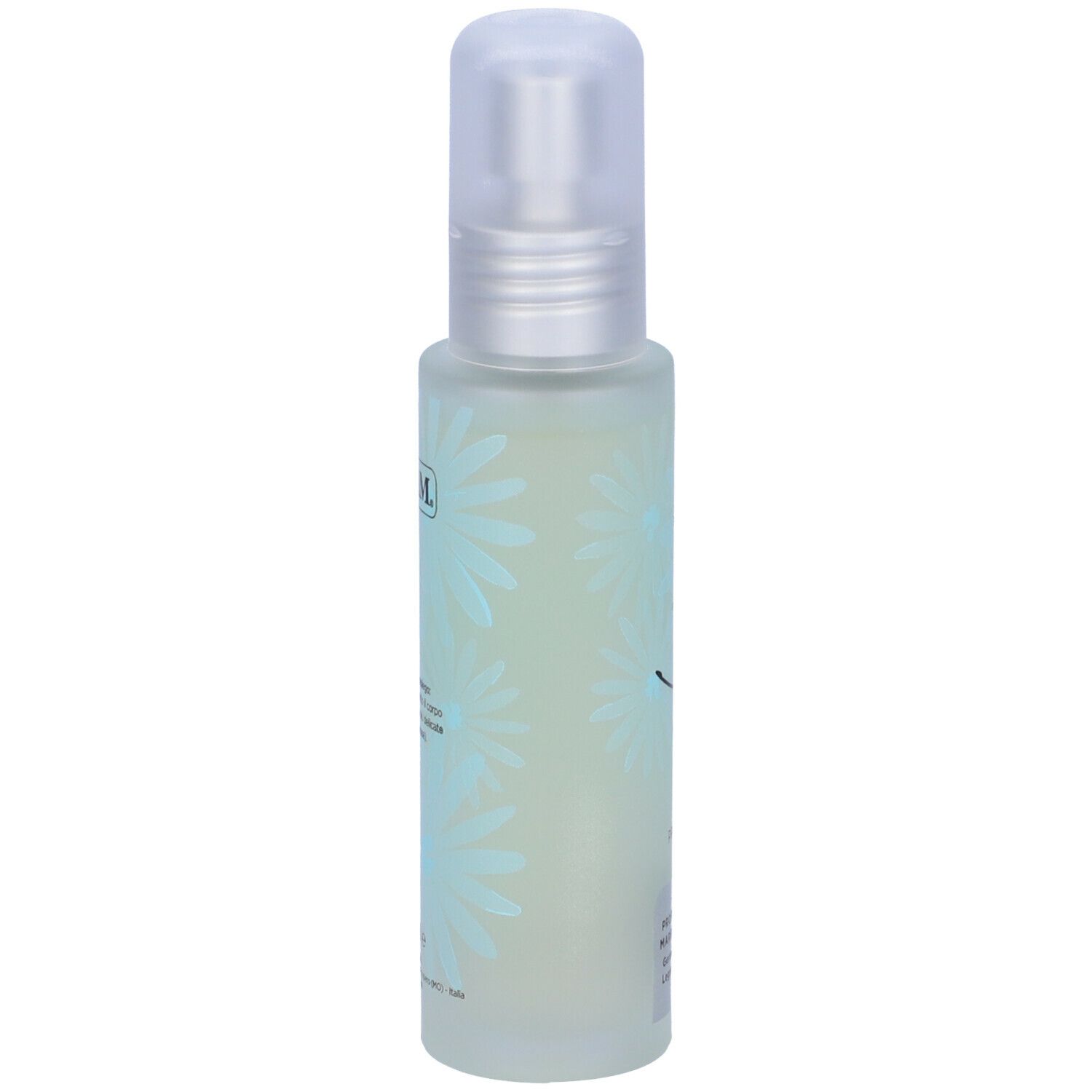 GUAM® Wave Profumo. Flacone spray. Liquido azzurro. Decorazione floreale. Testo in italiano e francese.
