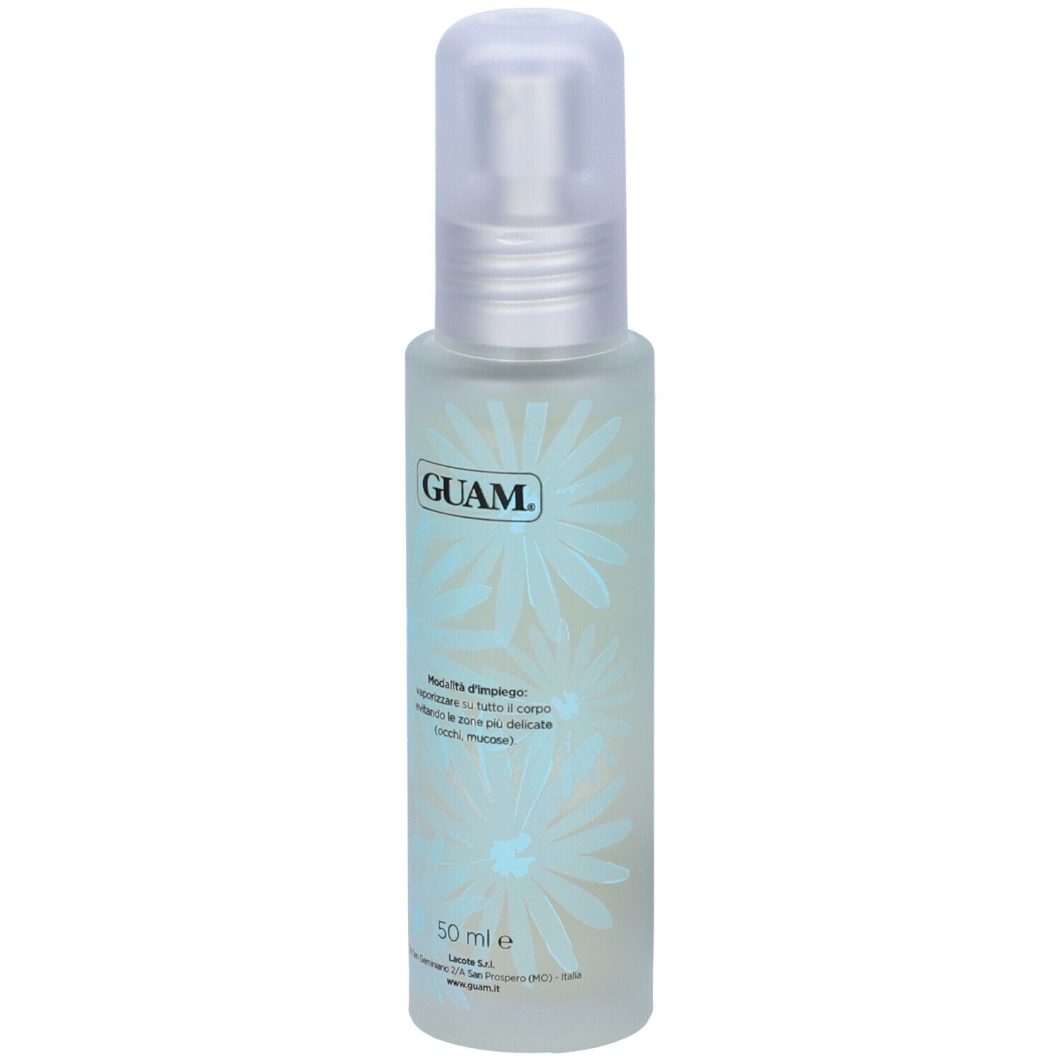 GUAM® Wave Profumo. Flacone spray. Liquido azzurro. Decorazione floreale. Logo GUAM. Testo in italiano e francese.