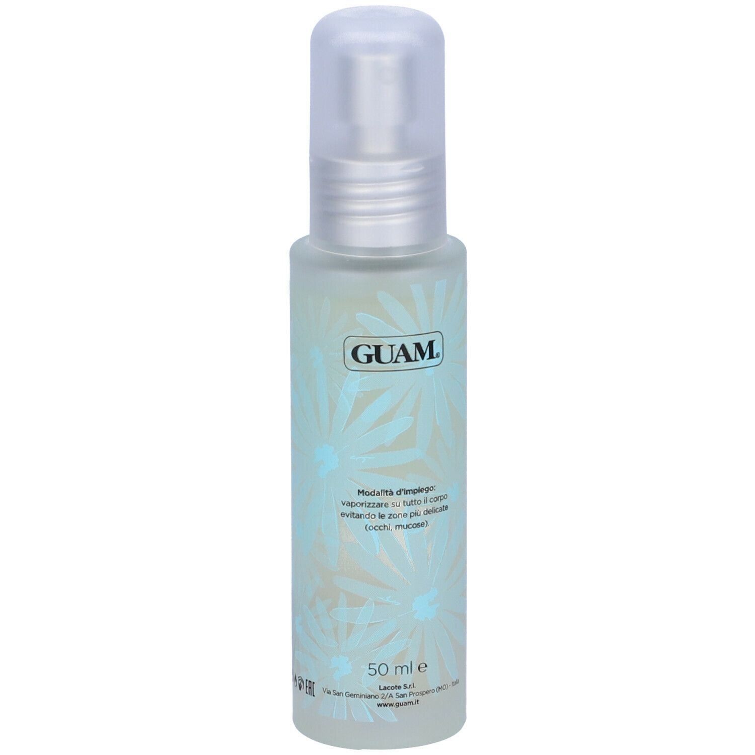GUAM® Wave Profumo. Flacone spray. Liquido azzurro. Decorazione floreale. Logo GUAM. Testo in italiano e francese.