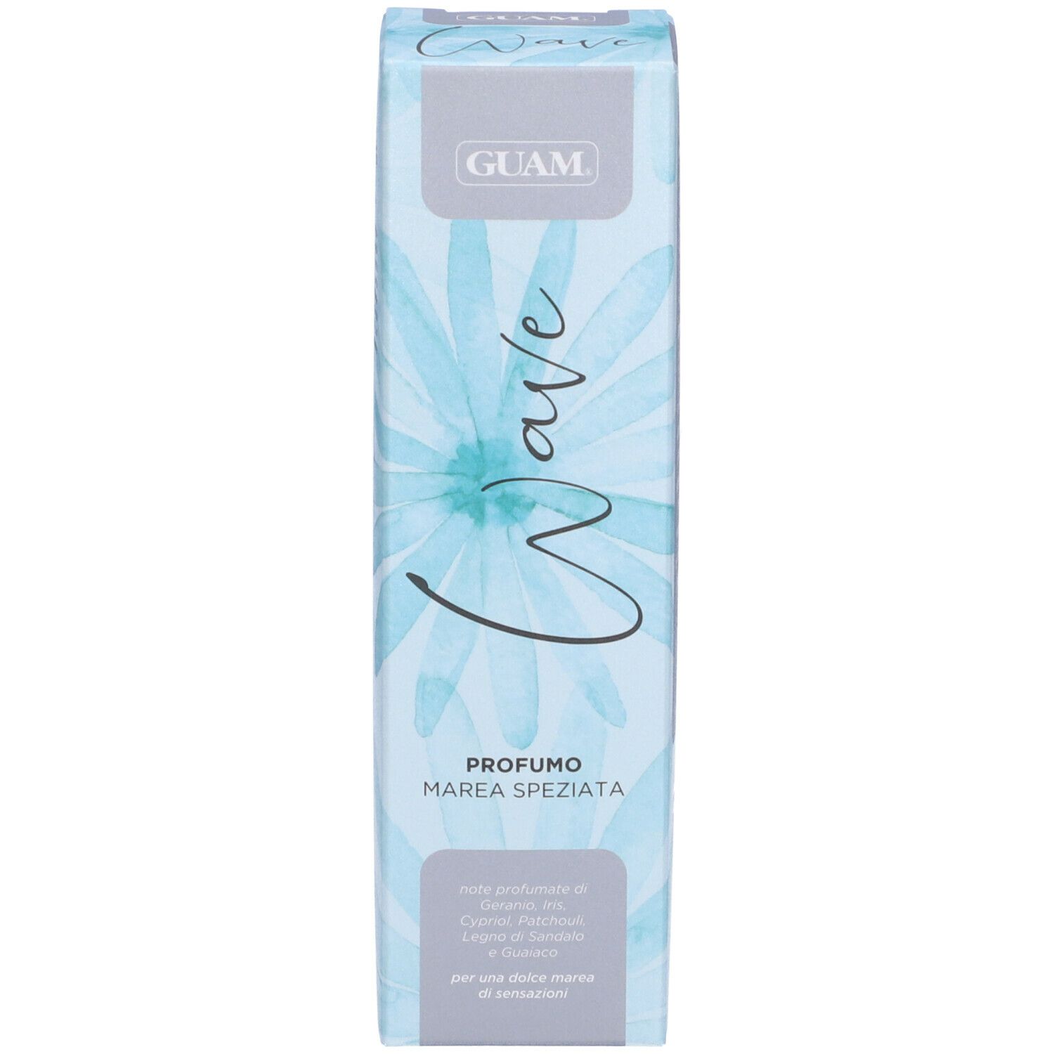 Confezione GUAM® Wave Profumo. Decorazione floreale. Logo Wave. Testo in italiano. Azzurro e bianco.