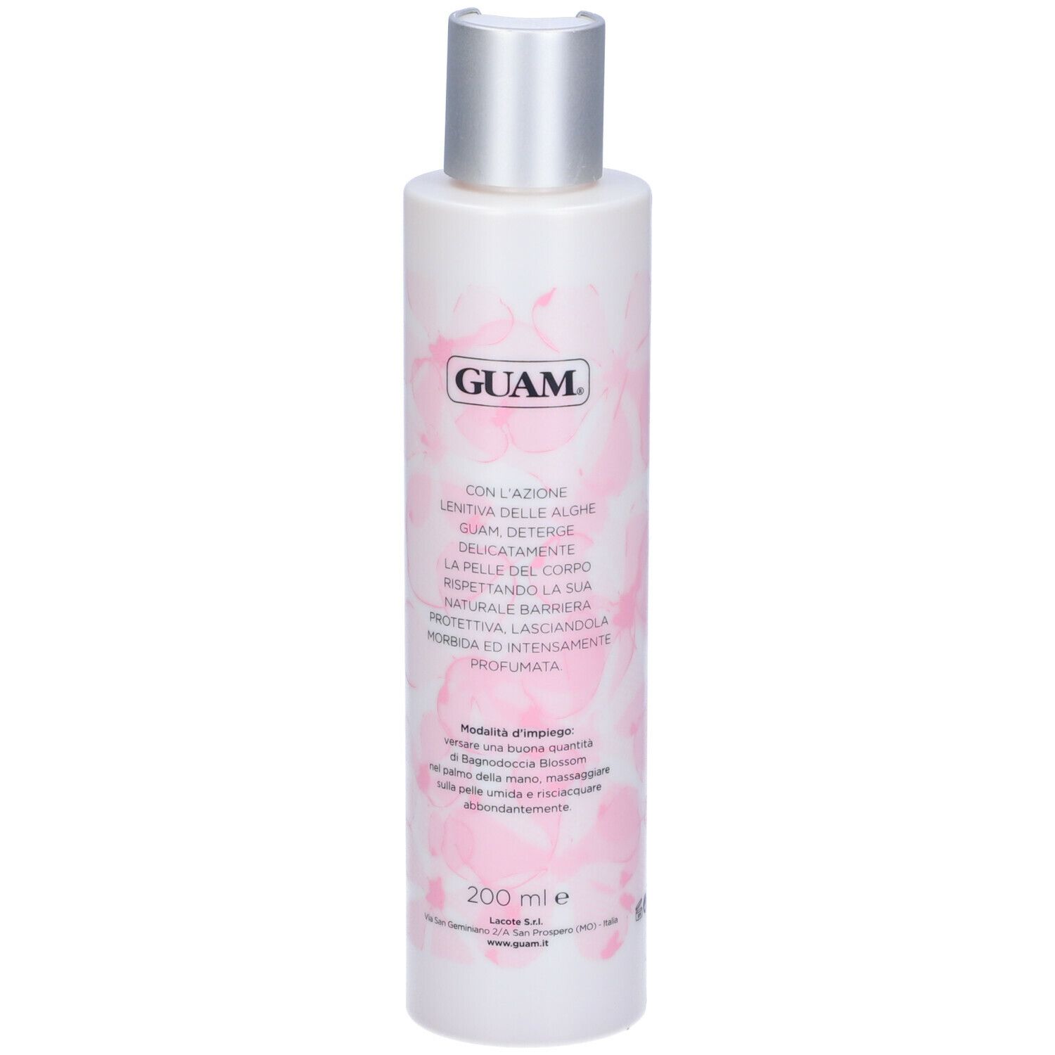 Flacone GUAM. Bianco con fiori rosa. Tappo argentato. Testo: GUAM, con alghe, deterge, idrata, protegge. 200 ml.