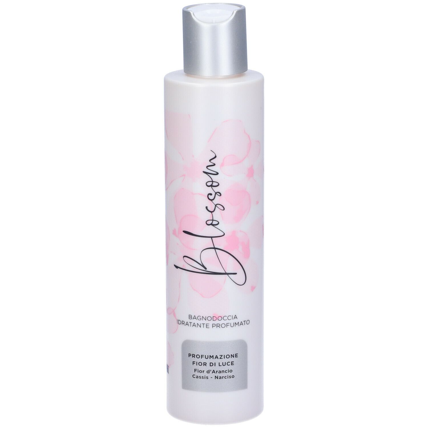 GUAM Blossom Bagnodoccia. Flacone con tappo argentato. Testo: Blossom, Bagnodoccia, Fior di Luce. Motivo floreale rosa.