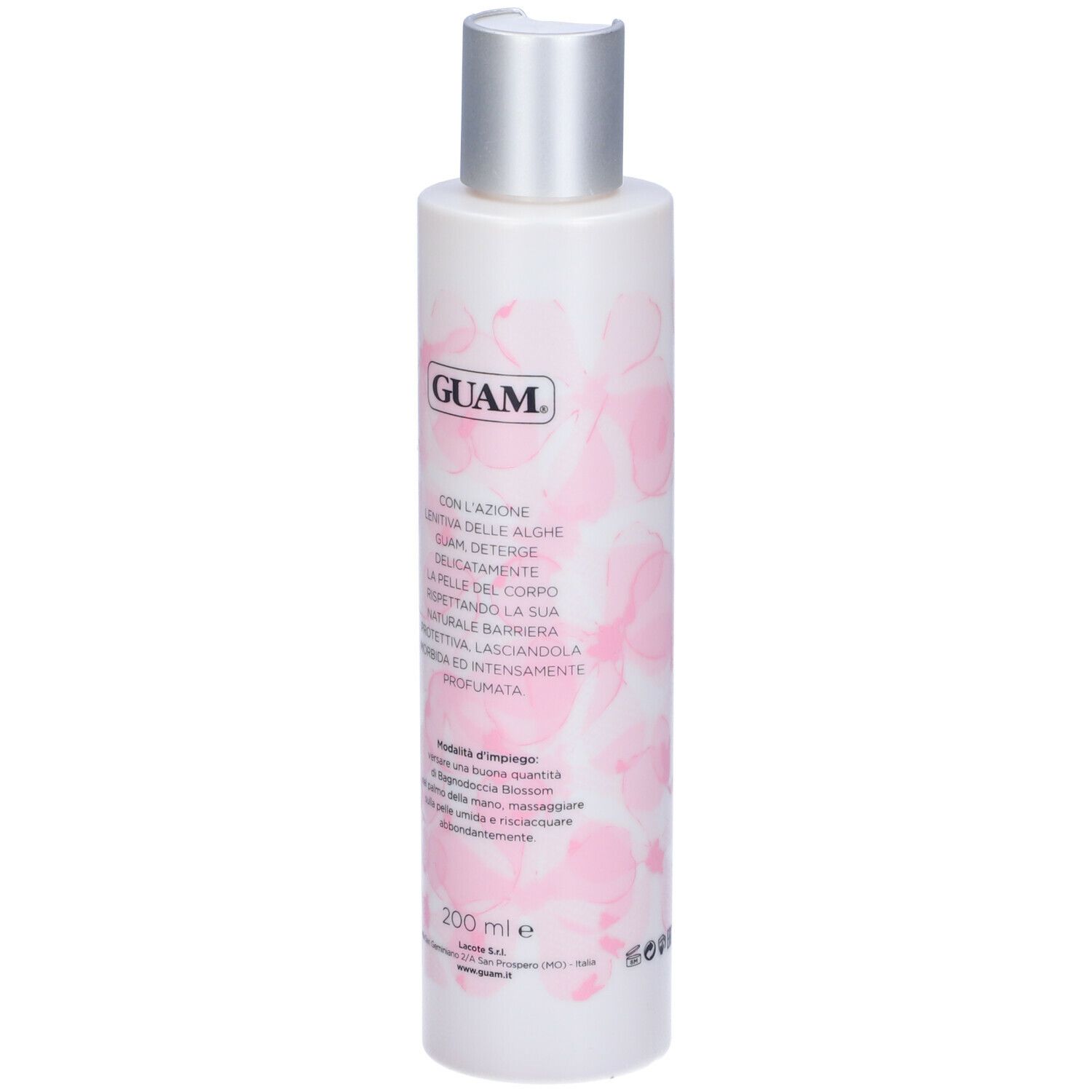 Flacone GUAM. Bianco con fiori rosa. Tappo argentato. Testo: GUAM, con alghe, deterge, idrata, protegge. 200 ml.