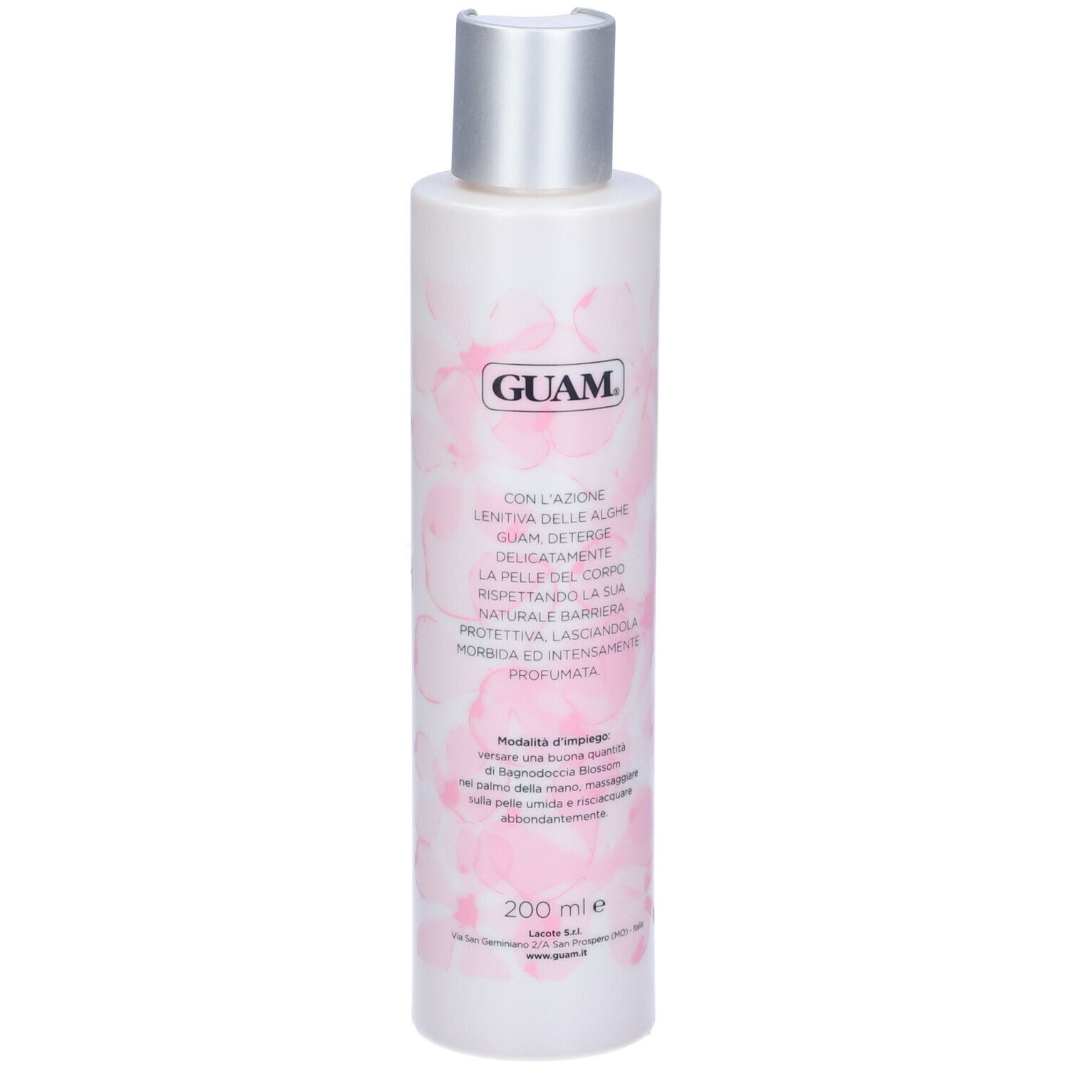 Flacone GUAM. Bianco con fiori rosa. Tappo argentato. Testo: GUAM, con alghe, deterge, idrata, protegge. 200 ml.