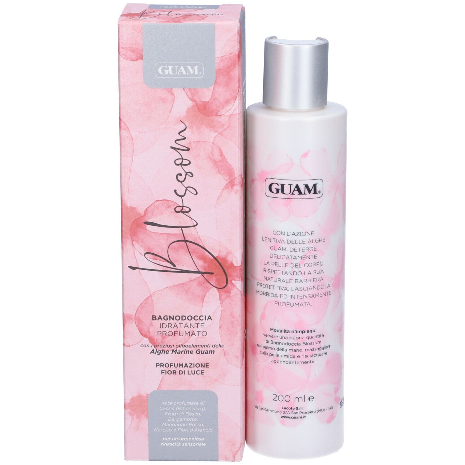 GUAM Blossom Bagnodoccia. Confezione e flacone rosa. Testo: Blossom, Bagnodoccia, Fior di Luce. Tappo argentato.