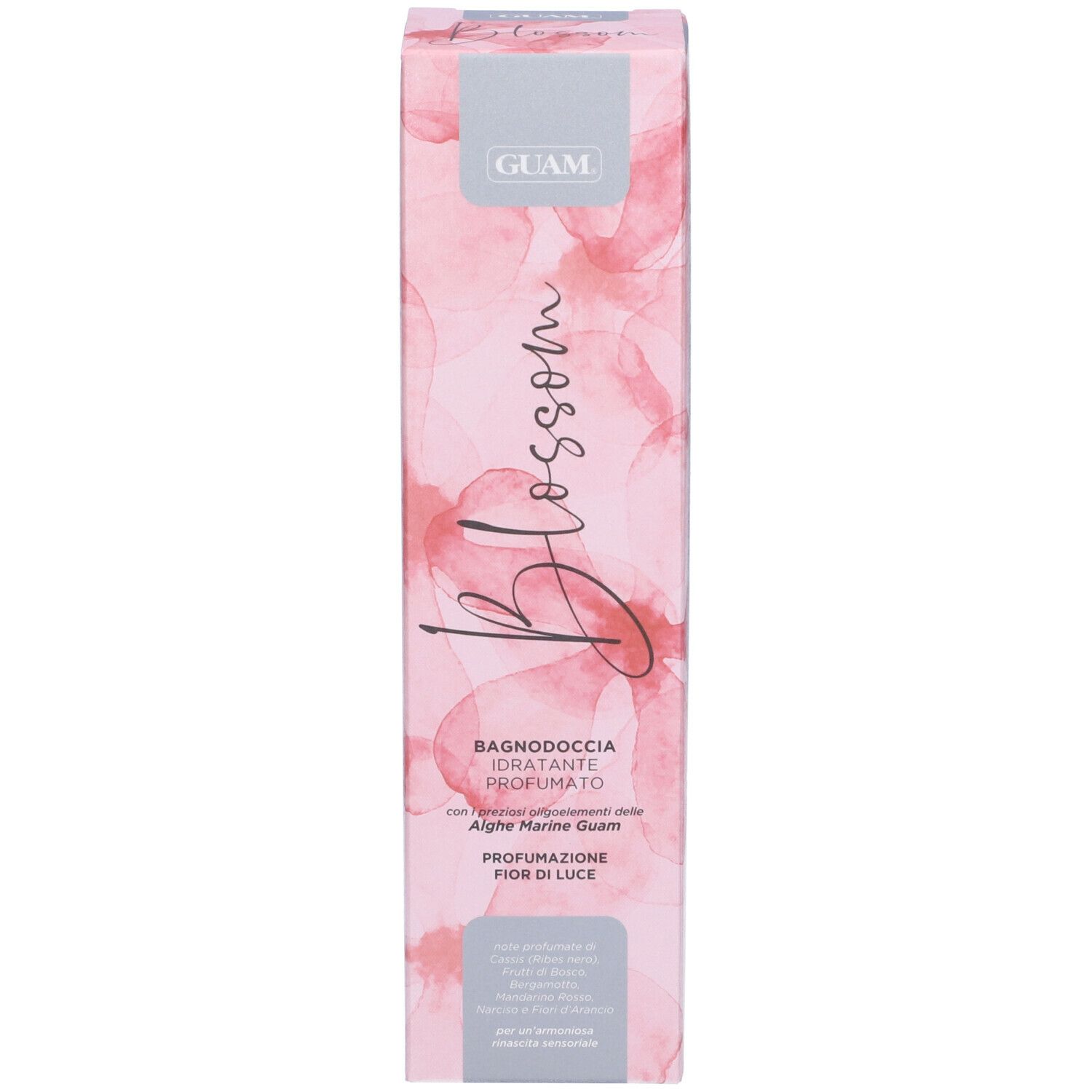 GUAM Blossom Bagnodoccia. Confezione rosa. Testo: Blossom, Bagnodoccia, Fior di Luce. Forma slanciata.