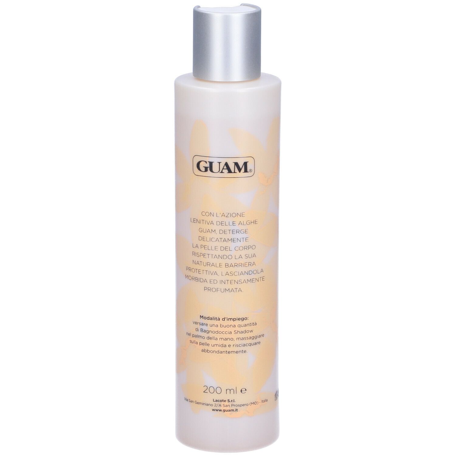GUAM Shadow Bagnodoccia Idratante. Flacone. Bianco con elementi floreali gialli. Tappo argentato. Testo.