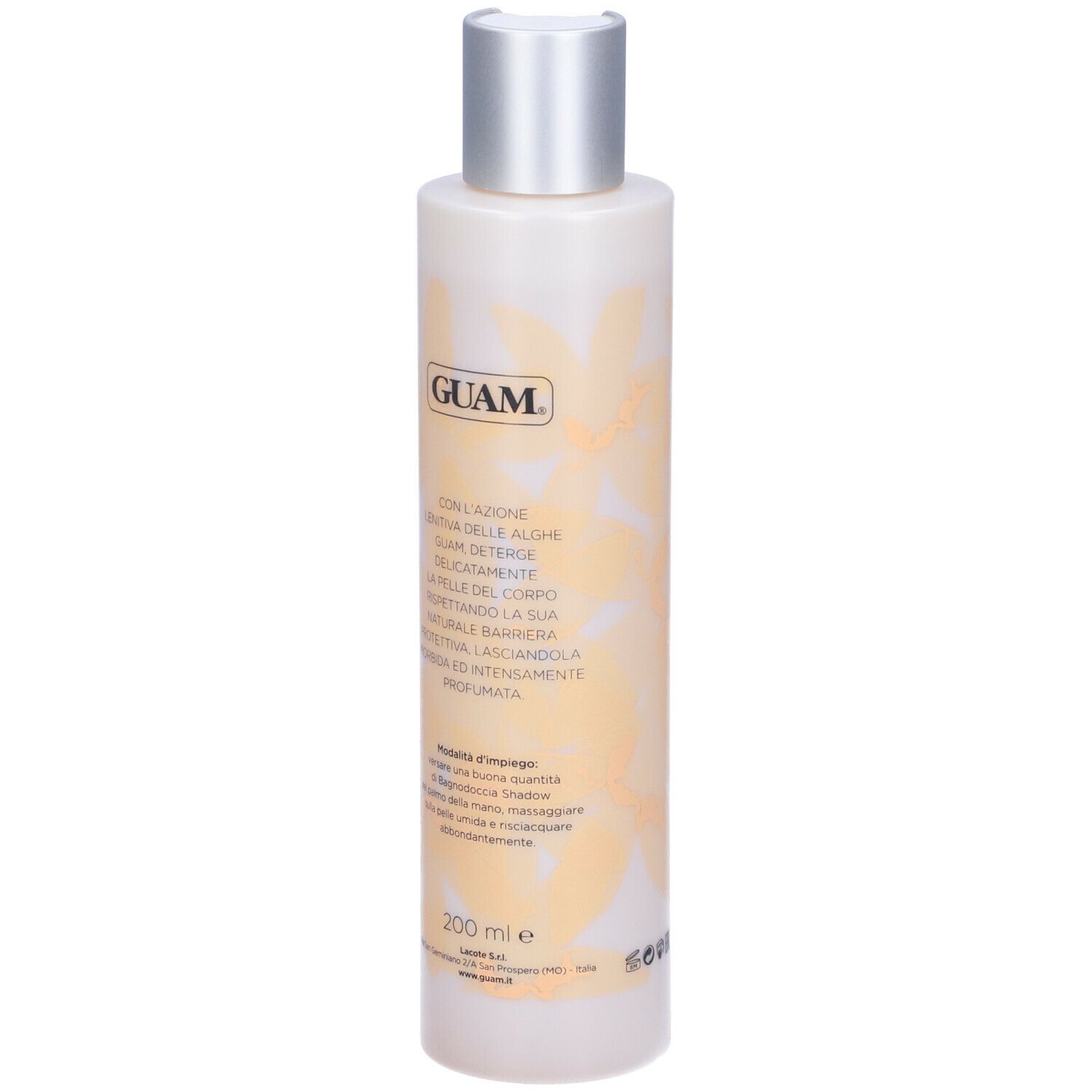 GUAM Shadow Bagnodoccia Idratante. Flacone. Bianco con elementi floreali gialli. Tappo argentato. Testo.