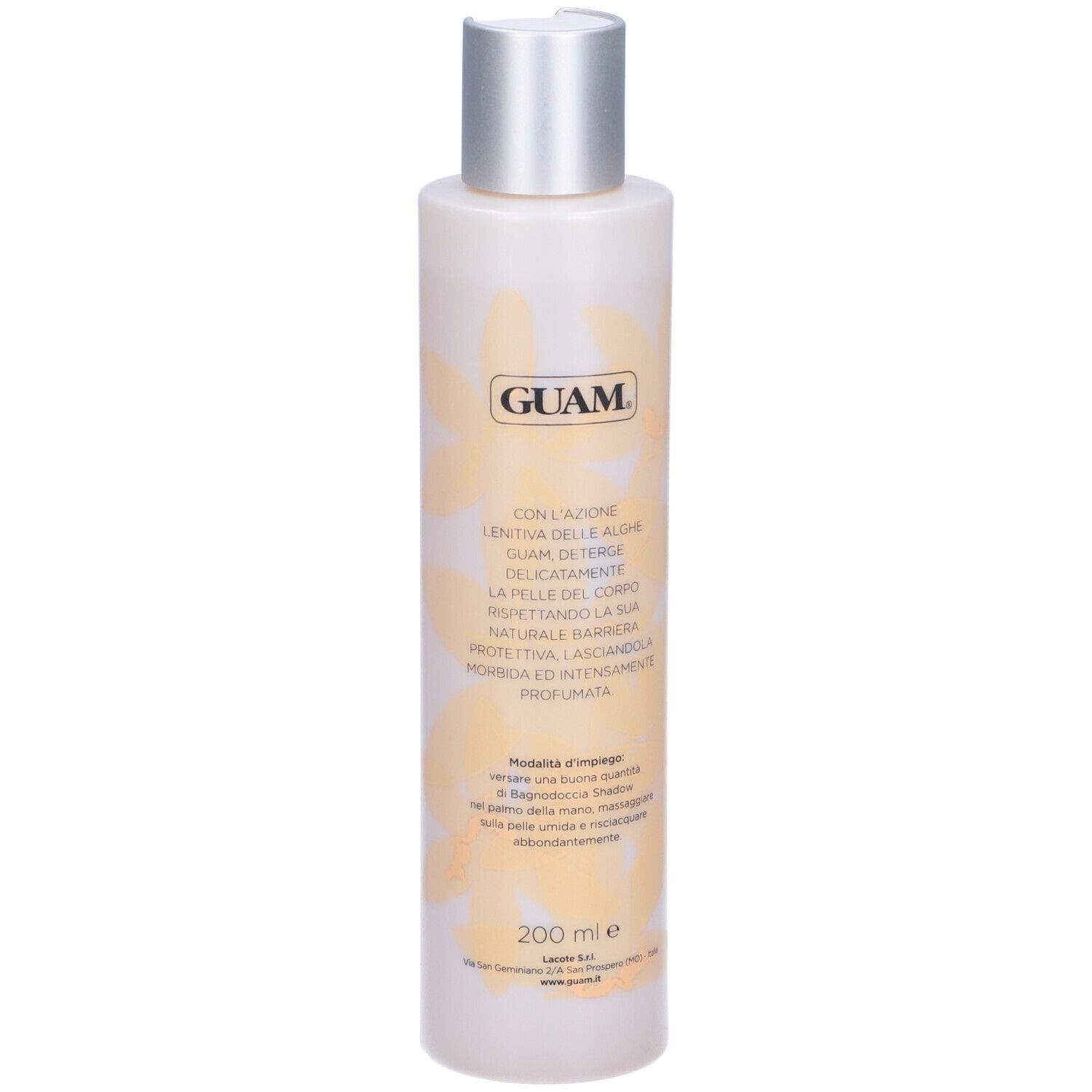 GUAM Shadow Bagnodoccia Idratante. Flacone. Bianco con elementi floreali gialli. Tappo argentato. Testo.