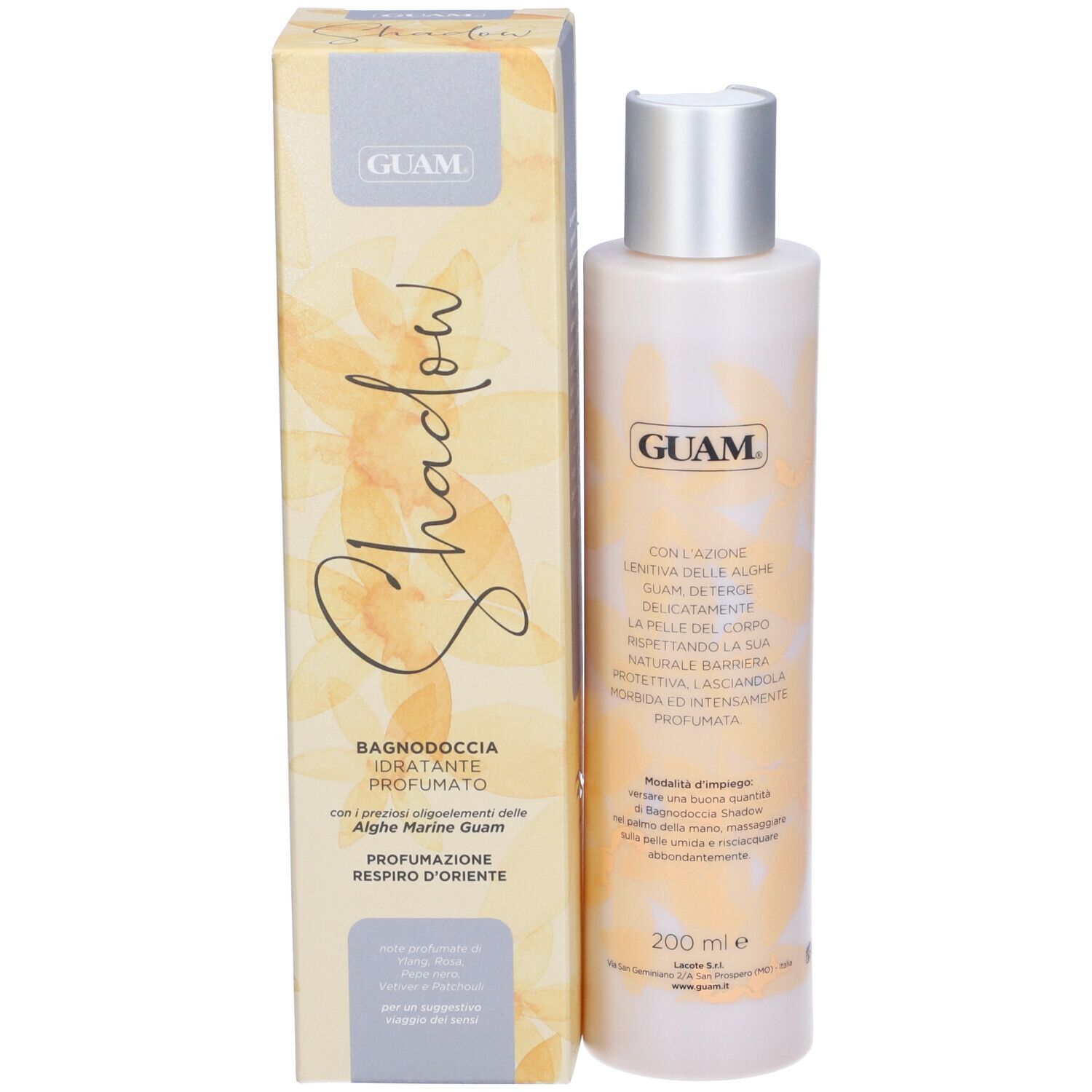 GUAM Shadow Bagnodoccia Idratante. Flacone e confezione. Design giallo-bianco con elementi floreali. Tappo argentato.