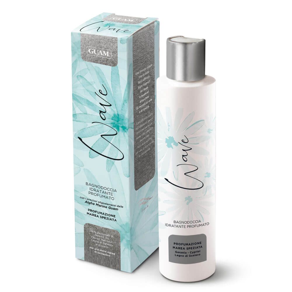 GUAM® Wave Bagnodoccia. Flacone bianco con tappo argentato e scatola. Scritta Wave e GUAM. Confezione con motivo floreale.