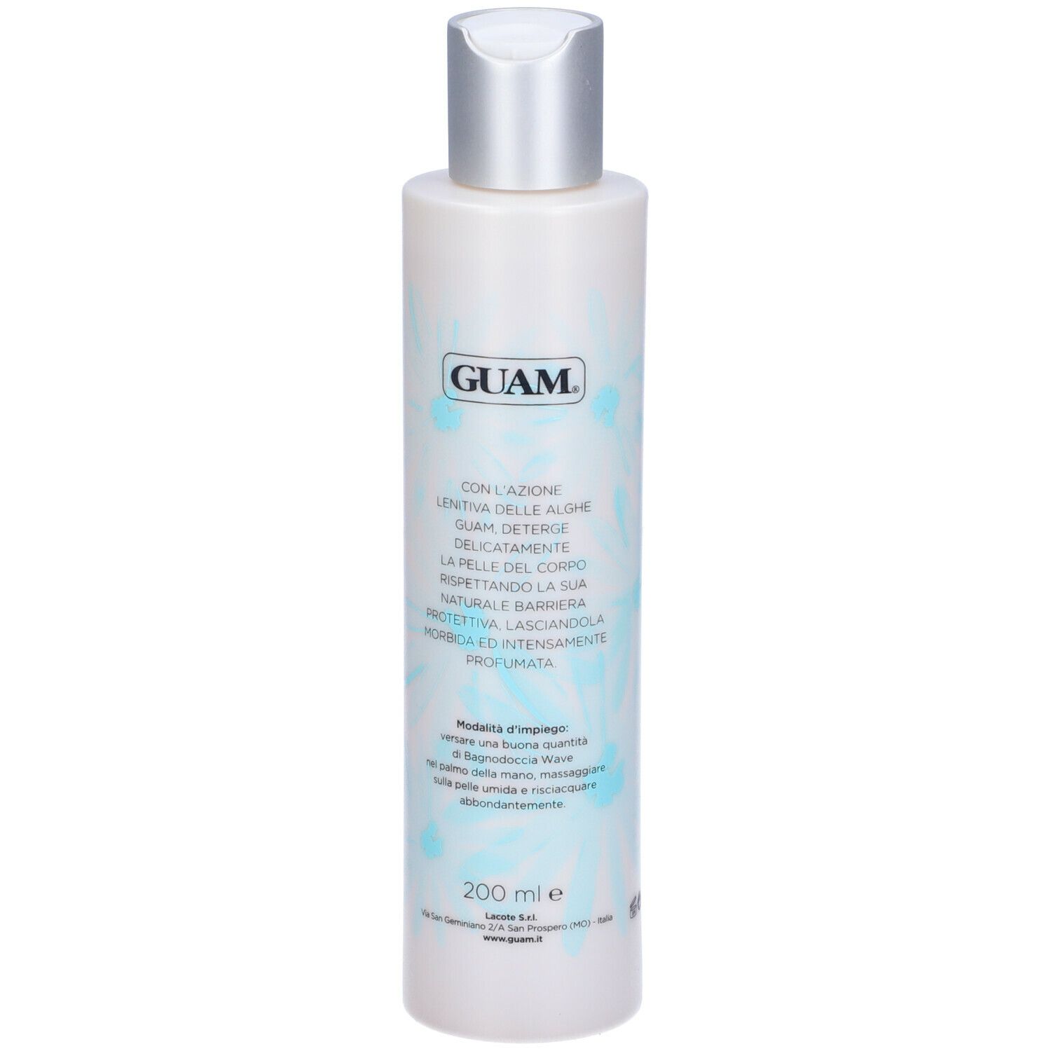 GUAM® Wave Bagnodoccia. Flacone bianco con tappo argentato. Testo: GUAM, ingredienti, istruzioni per l'uso. 200 ml.